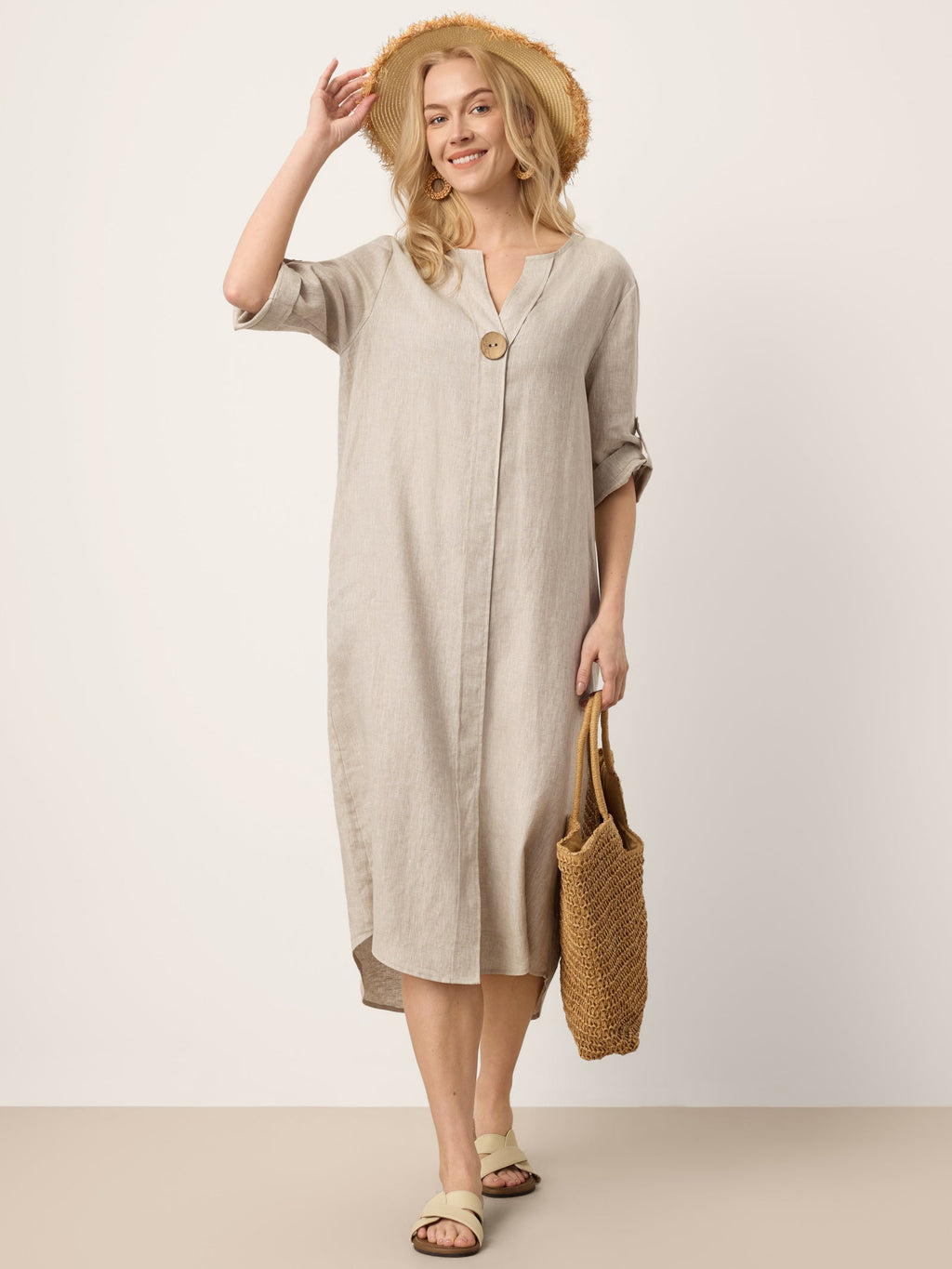 100% Linen Stand Collar V-Slit Tab Sleeve Midi Dress LEORA