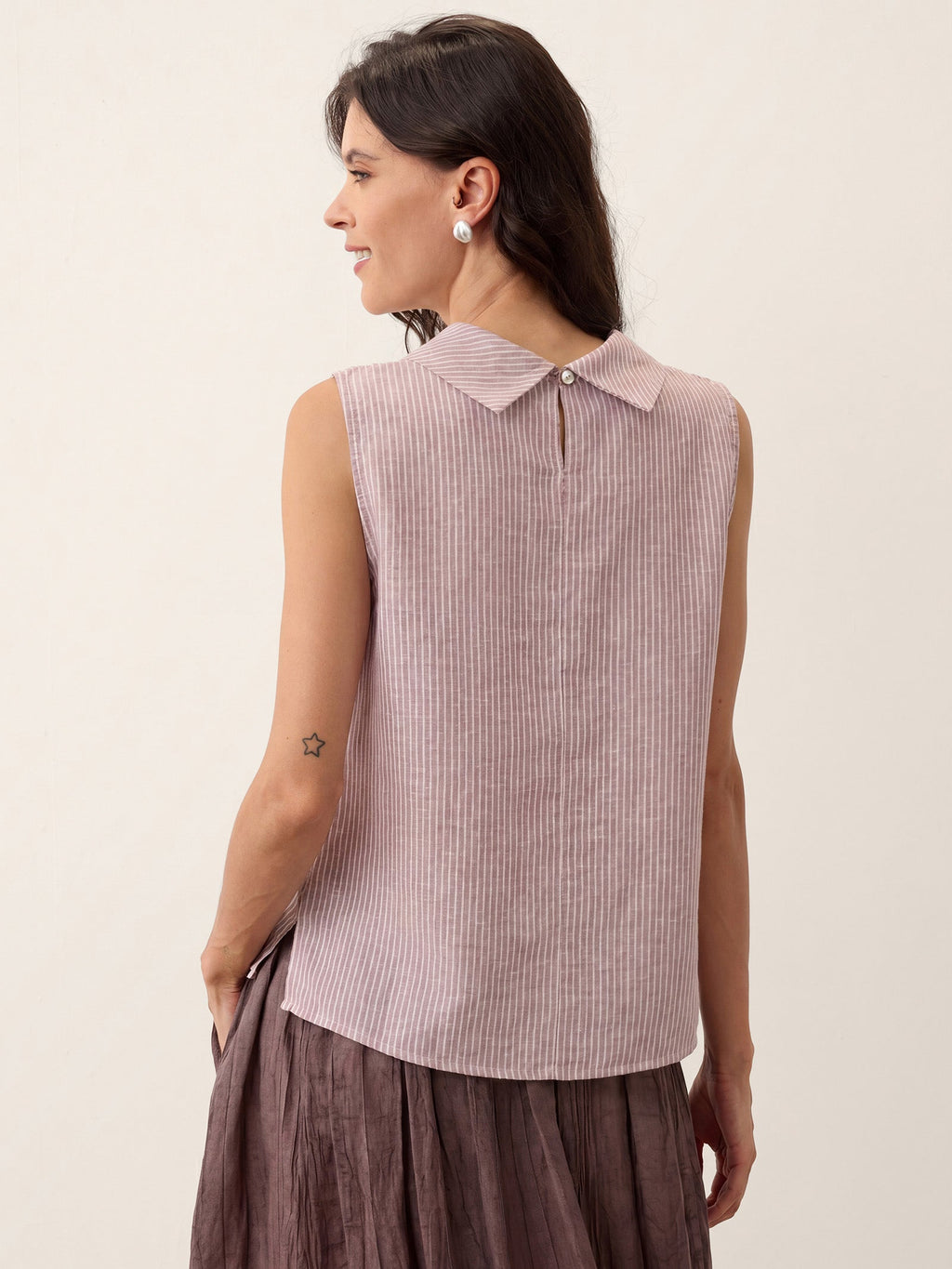 100% Linen Striped Diagonal Pleat Mock Neck Top ESTHER