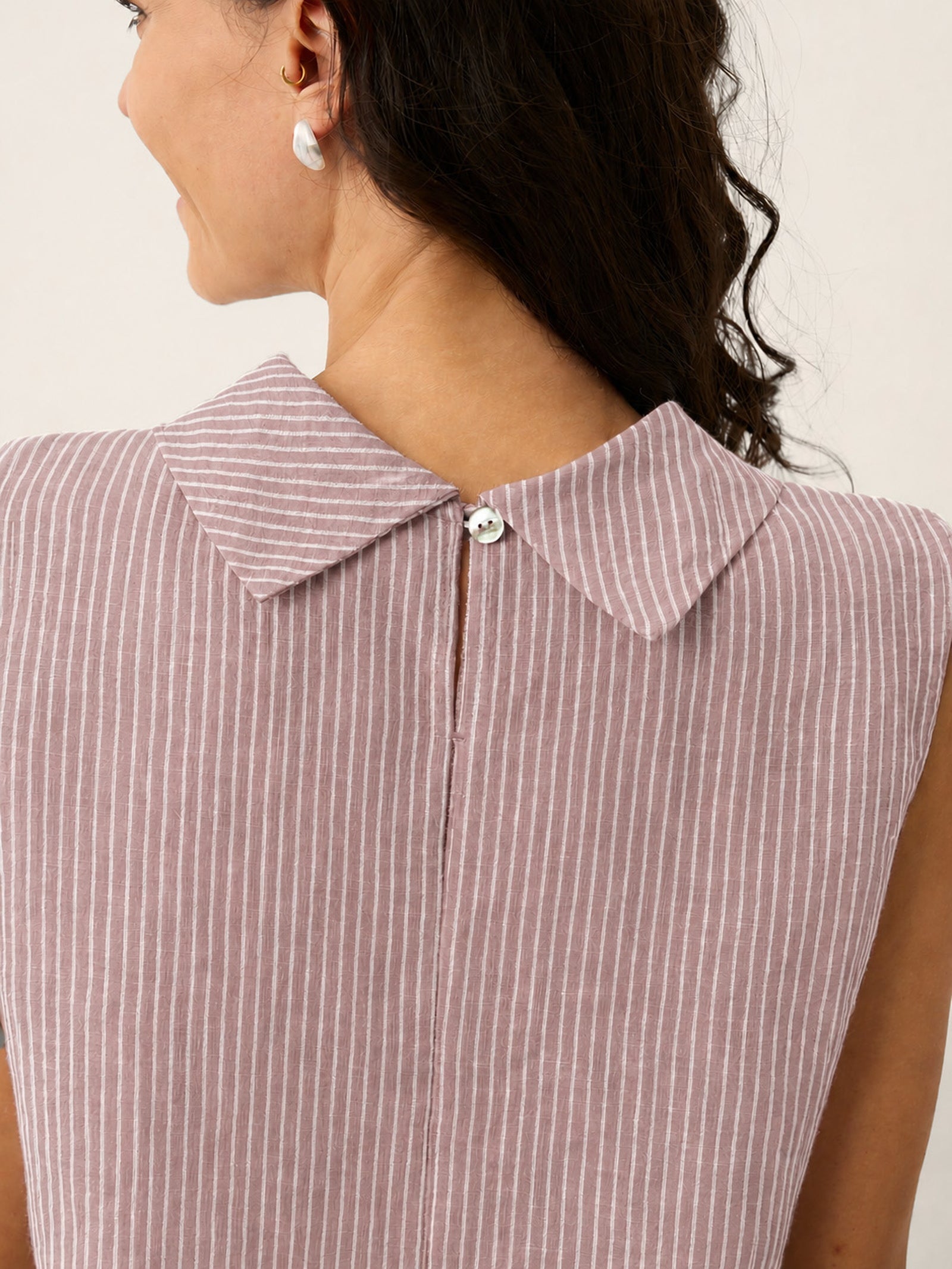 100% Linen Striped Diagonal Pleat Mock Neck Top ESTHER