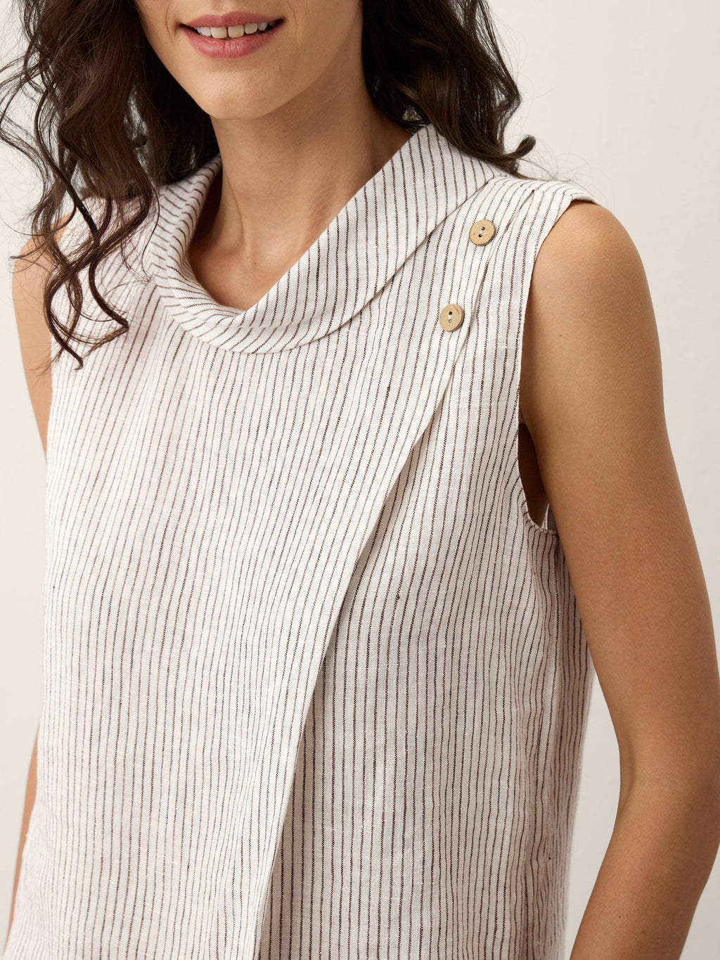 100% Linen Striped Diagonal Pleat Mock Neck Top ESTHER