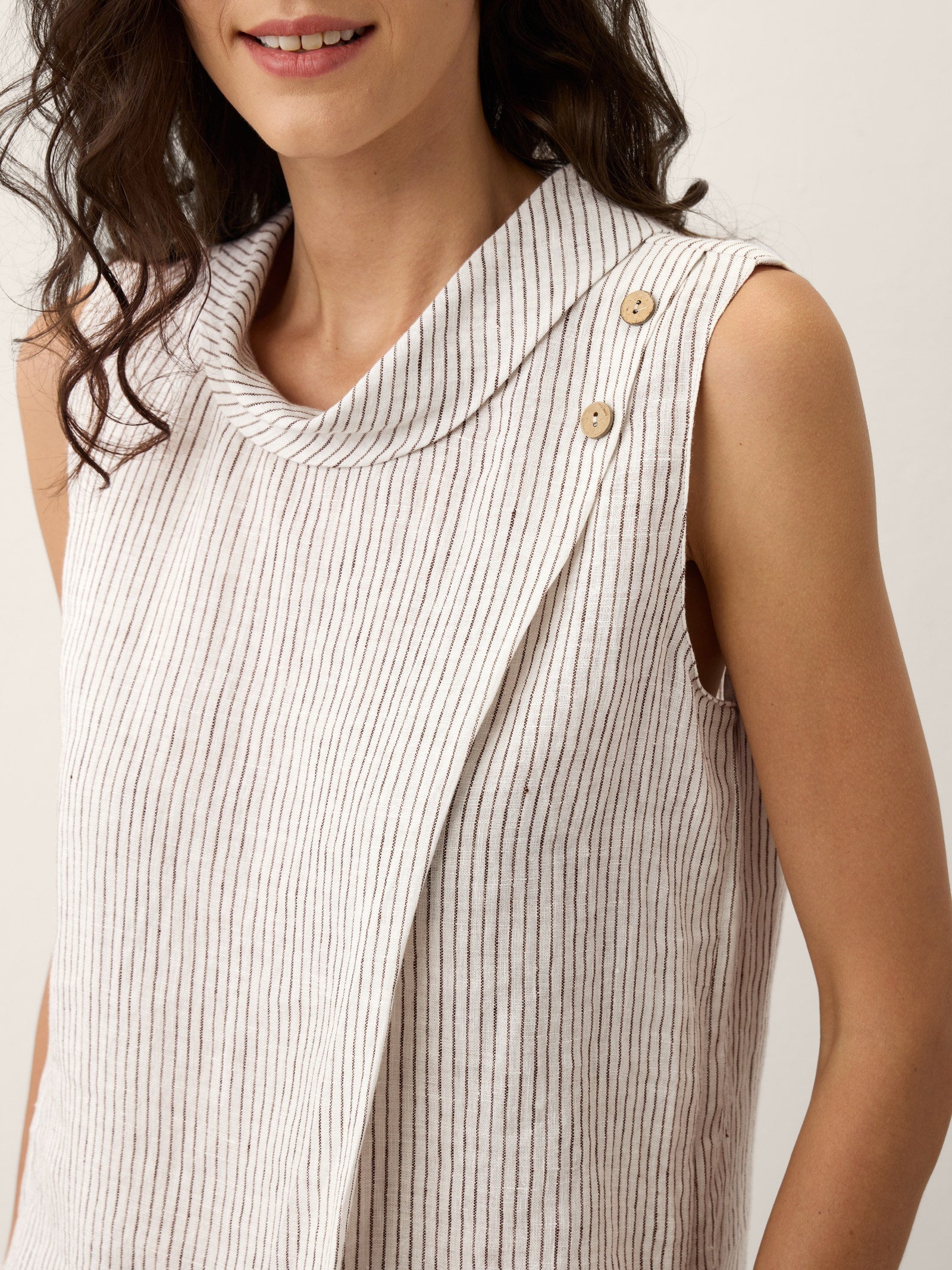 100% Linen Striped Diagonal Pleat Mock Neck Top ESTHER