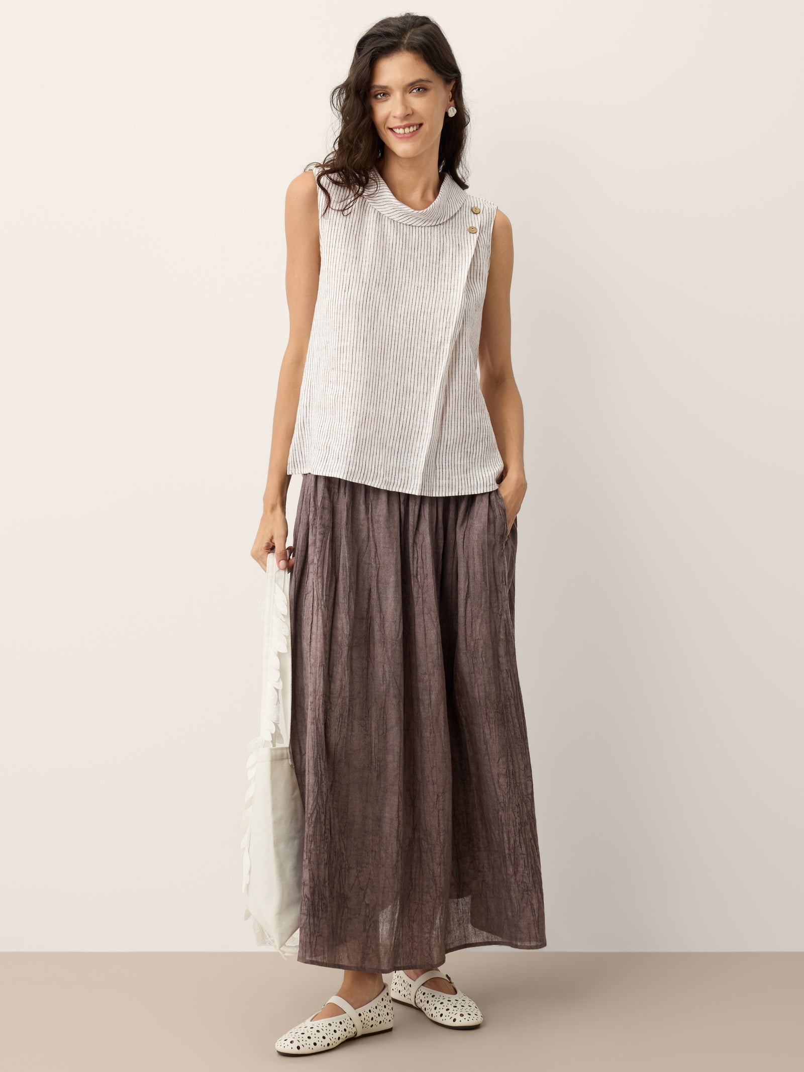 100% Linen Striped Diagonal Pleat Mock Neck Top ESTHER