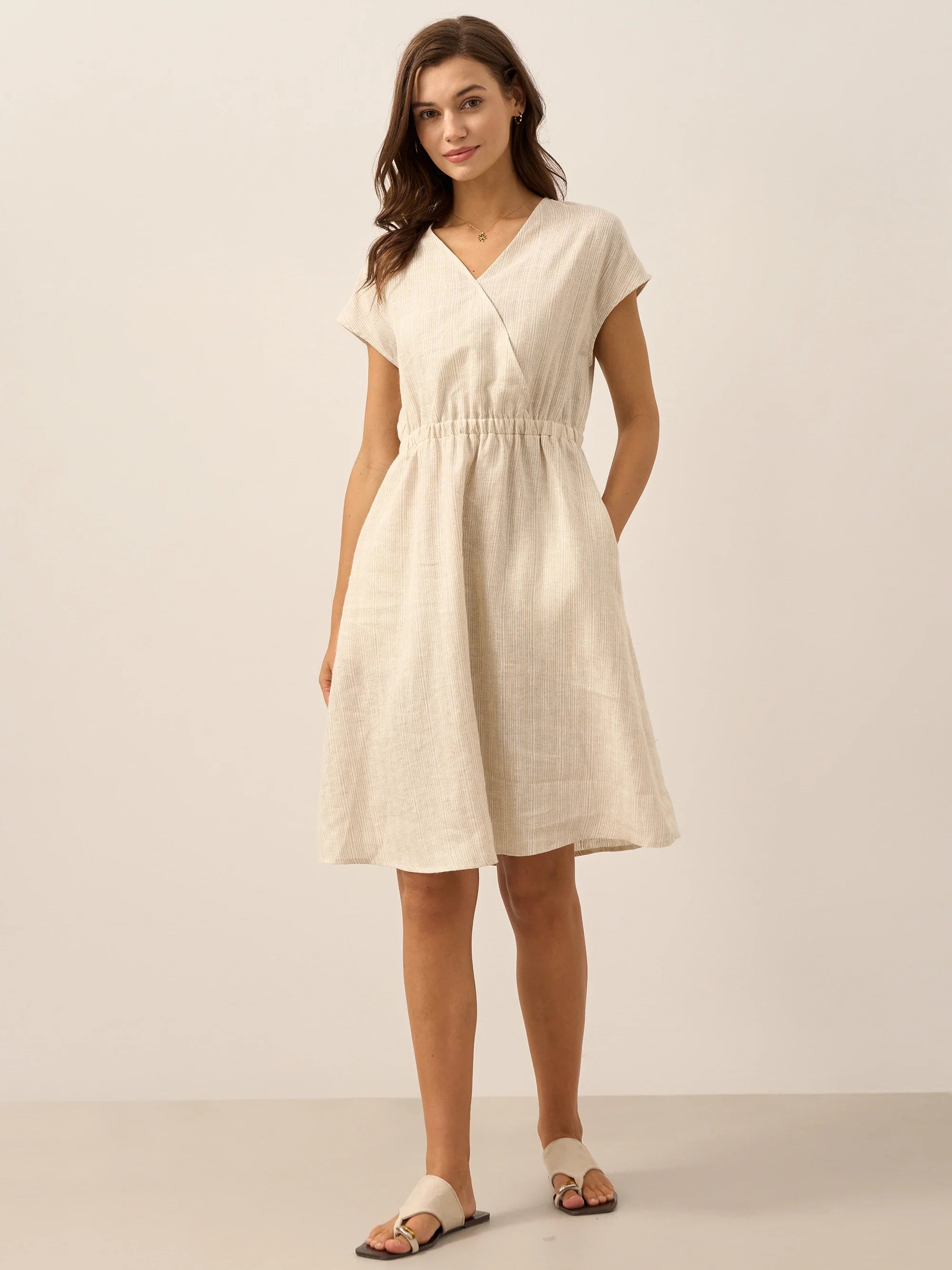 100% Linen Striped Elastic-Waist Mini Dress ARIA