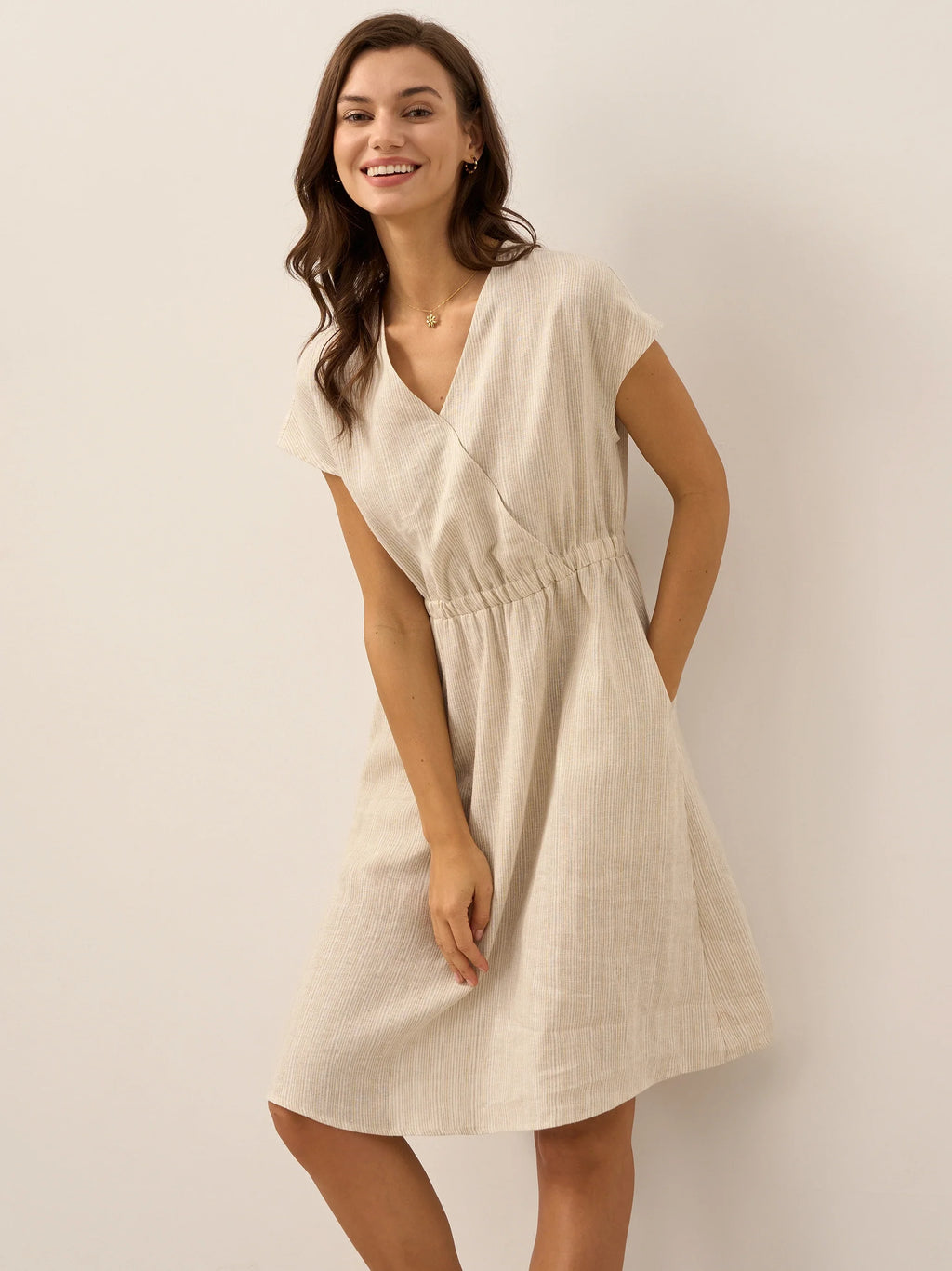 100% Linen Striped Elastic-Waist Mini Dress ARIA