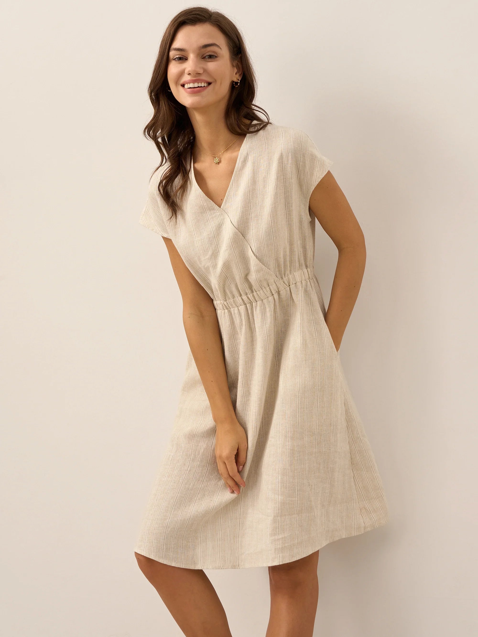 100% Linen Striped Elastic-Waist Mini Dress ARIA