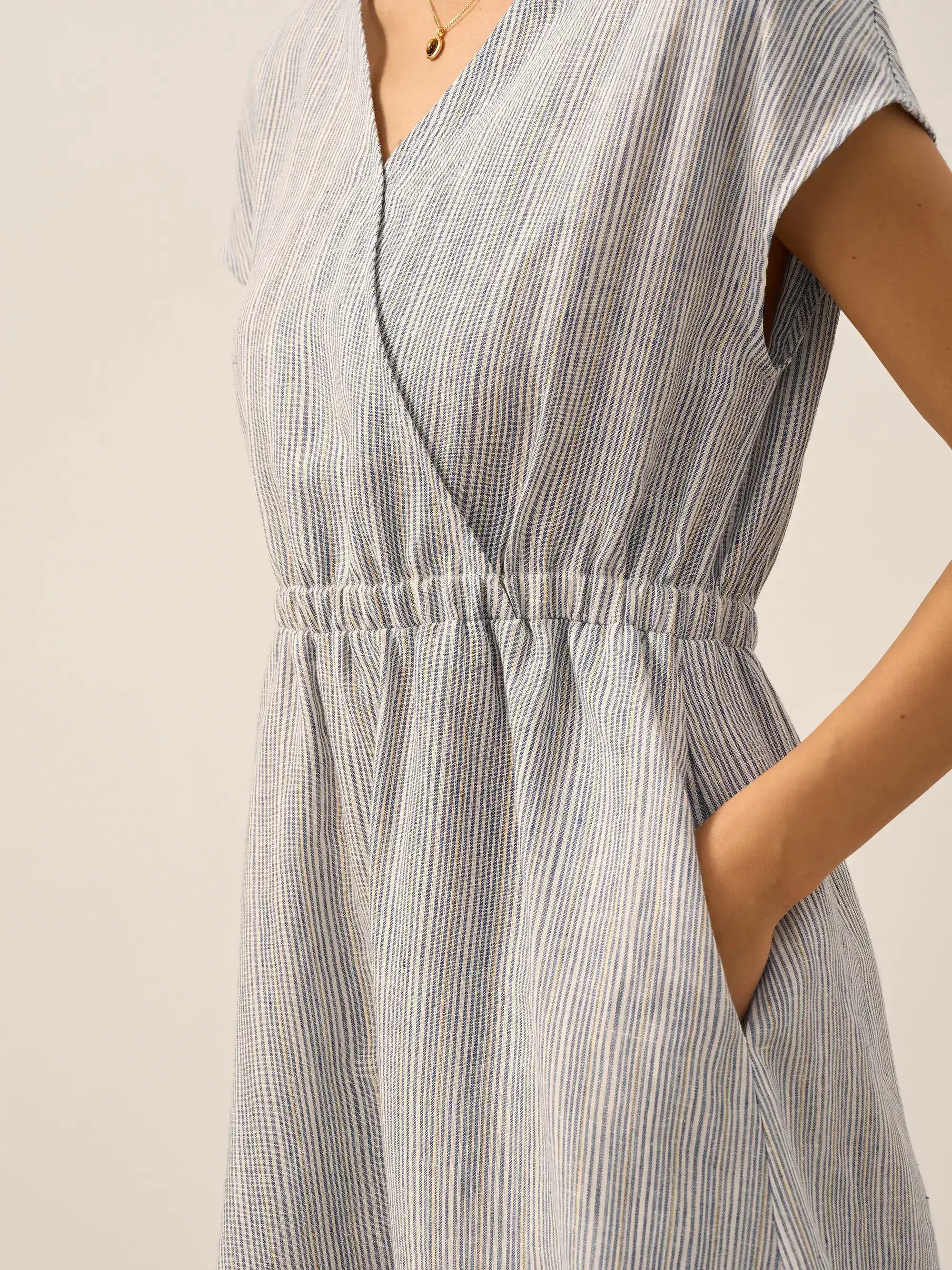 100% Linen Striped Elastic-Waist Mini Dress ARIA