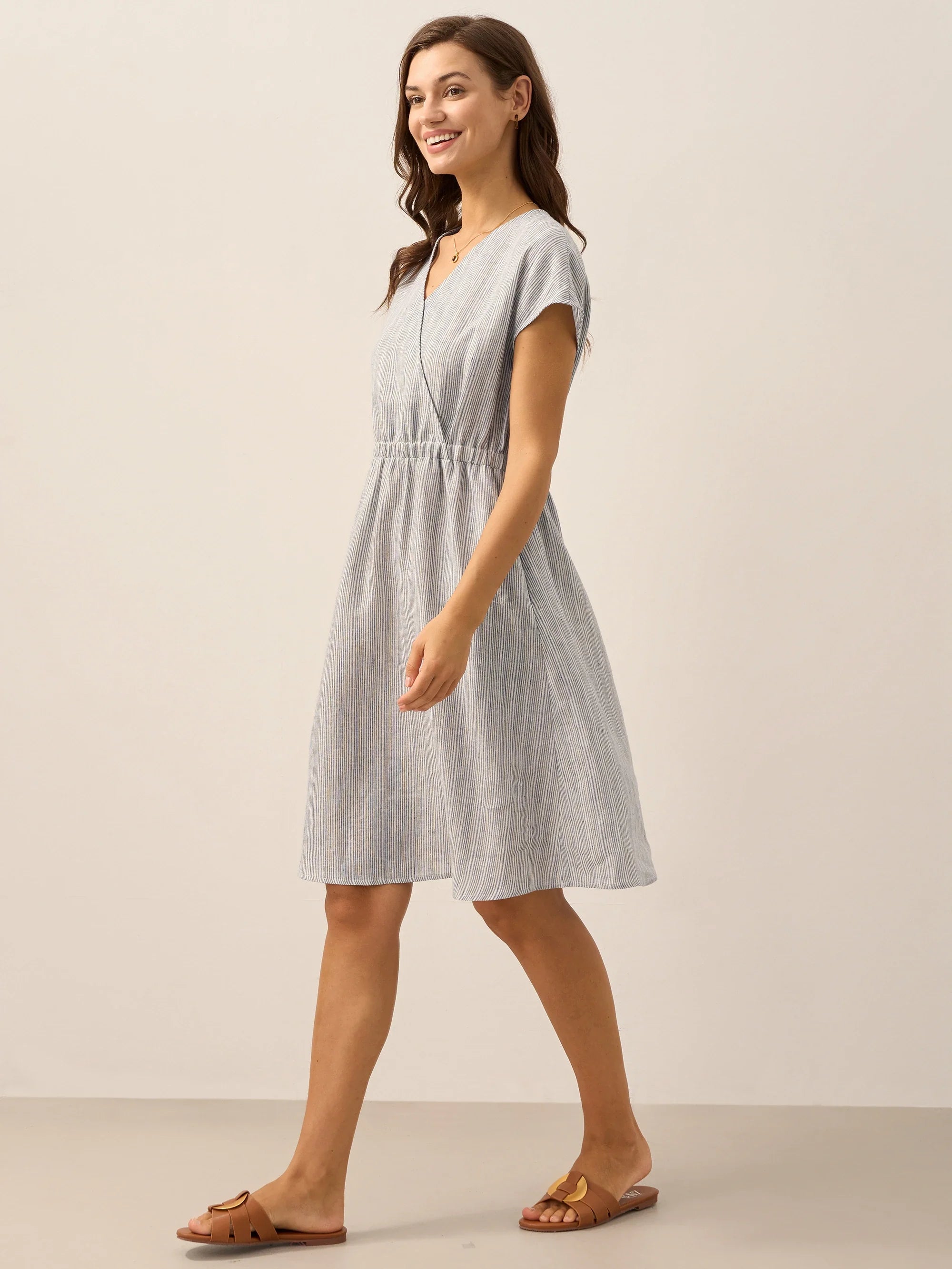 100% Linen Striped Elastic-Waist Mini Dress ARIA