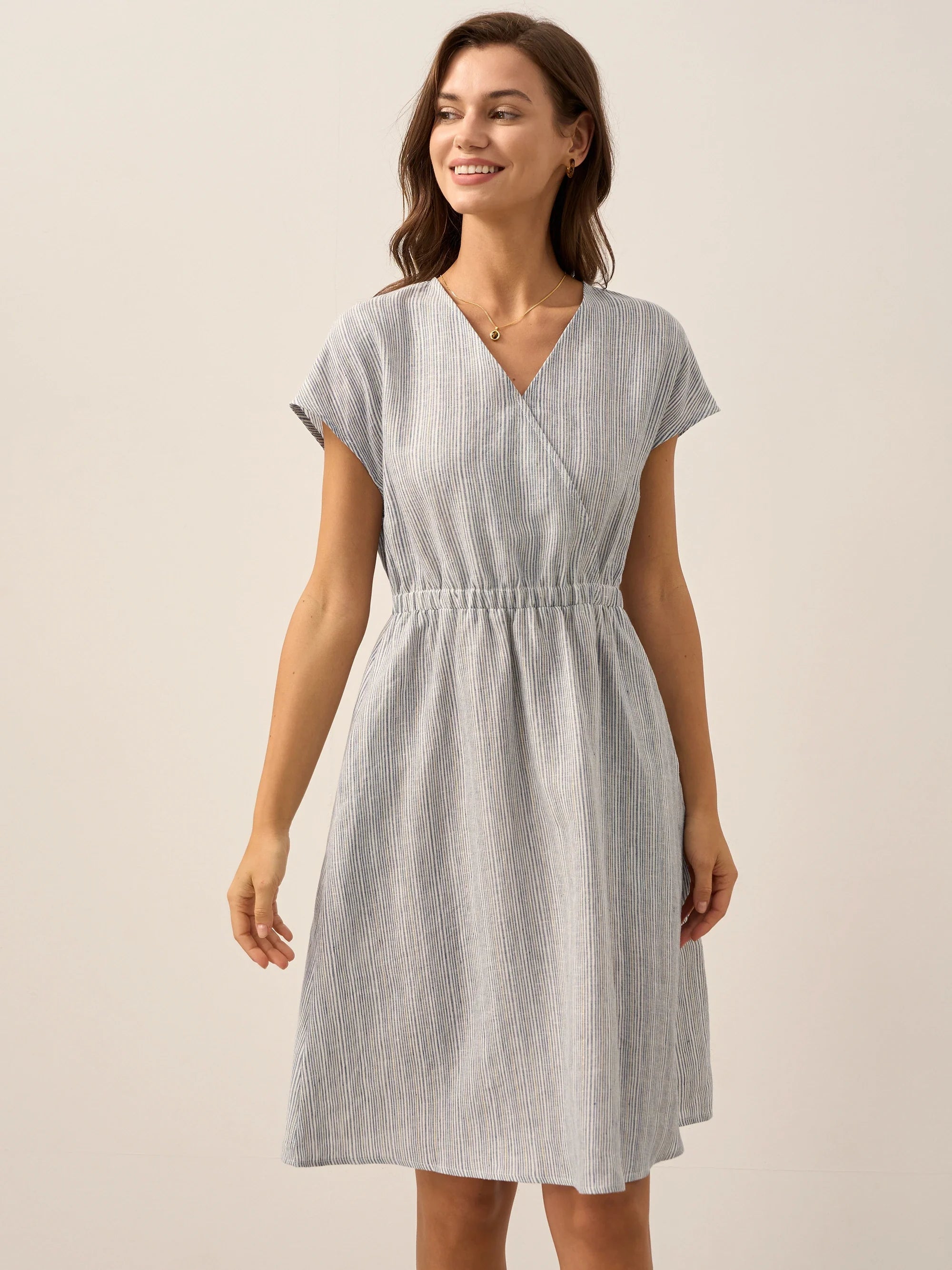 100% Linen Striped Elastic-Waist Mini Dress ARIA