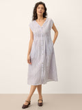 100% Linen Striped Tailored Cap Sleeve Midi Dress AGNES