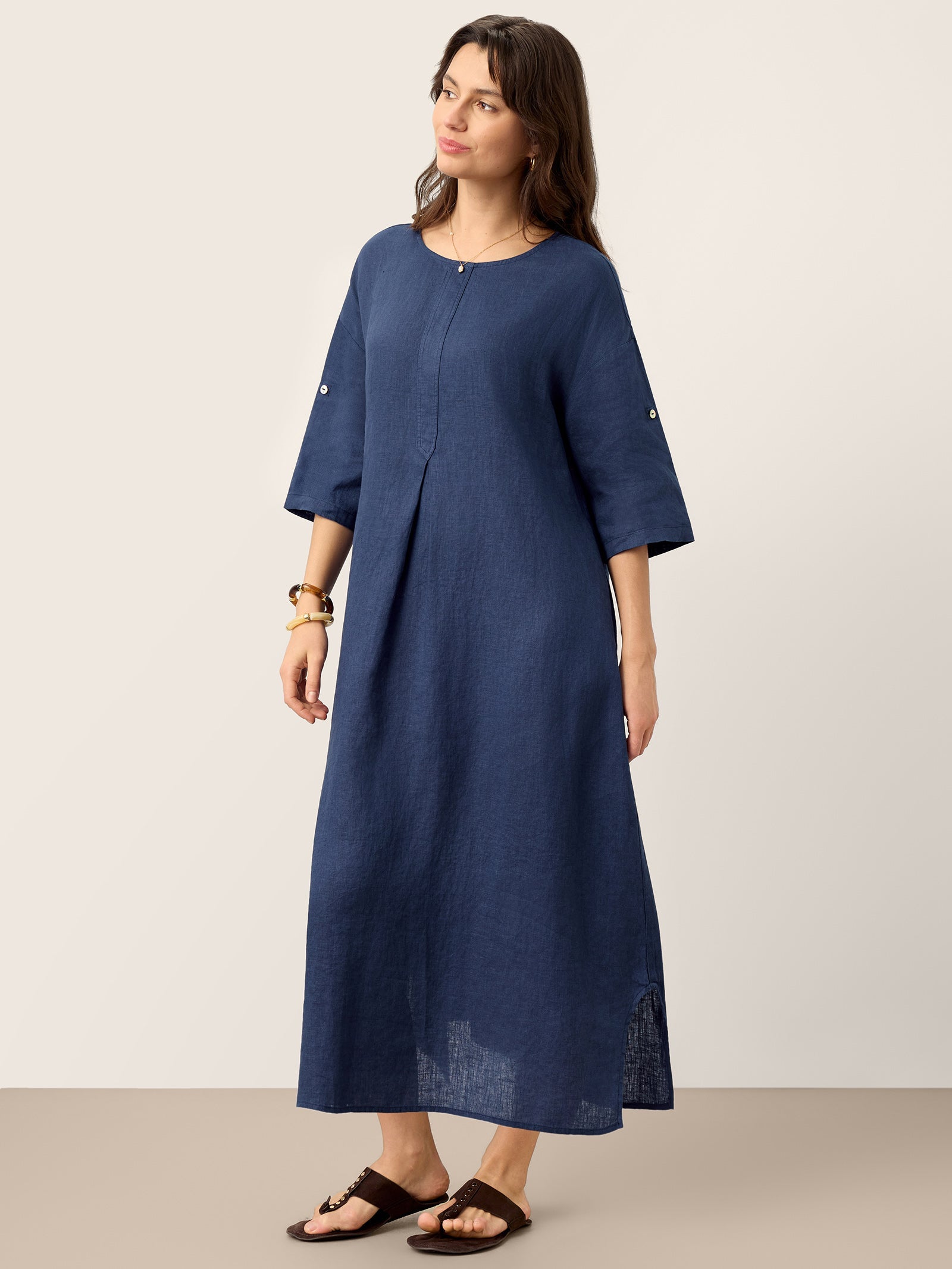 100% Linen Roll-Up Sleeve Inverted Pleat Midi Dress MARIBEL