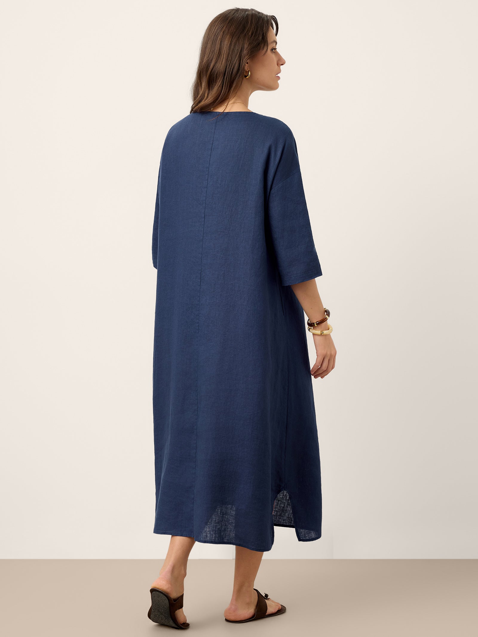 100% Linen Roll-Up Sleeve Inverted Pleat Midi Dress MARIBEL