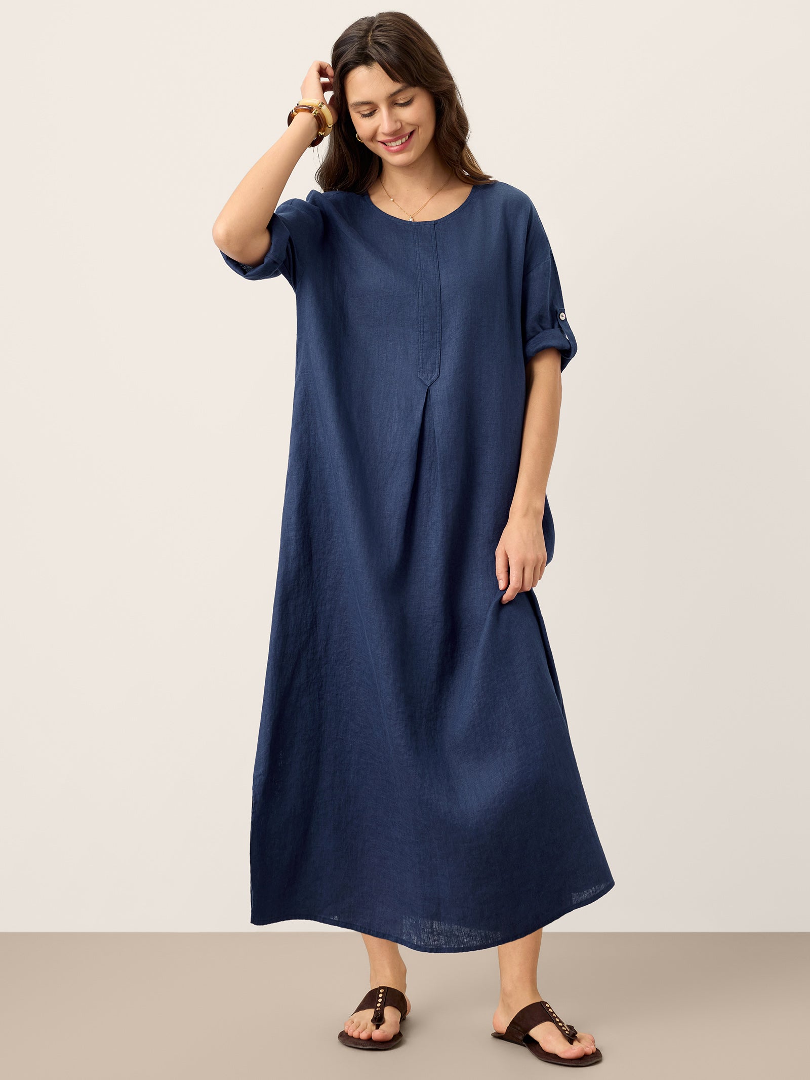 100% Linen Roll-Up Sleeve Inverted Pleat Midi Dress MARIBEL