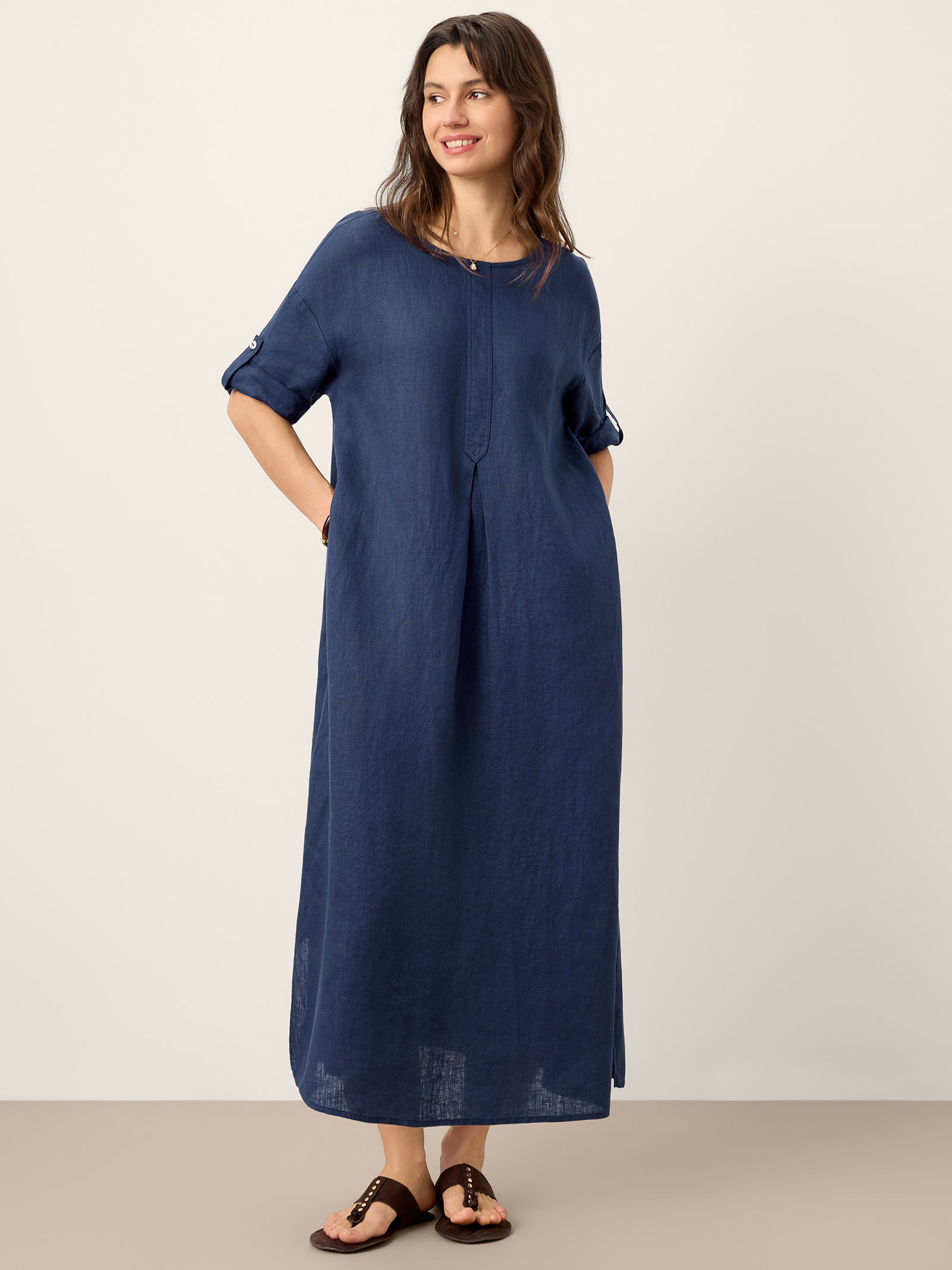 100% Linen Roll-Up Sleeve Inverted Pleat Midi Dress MARIBEL
