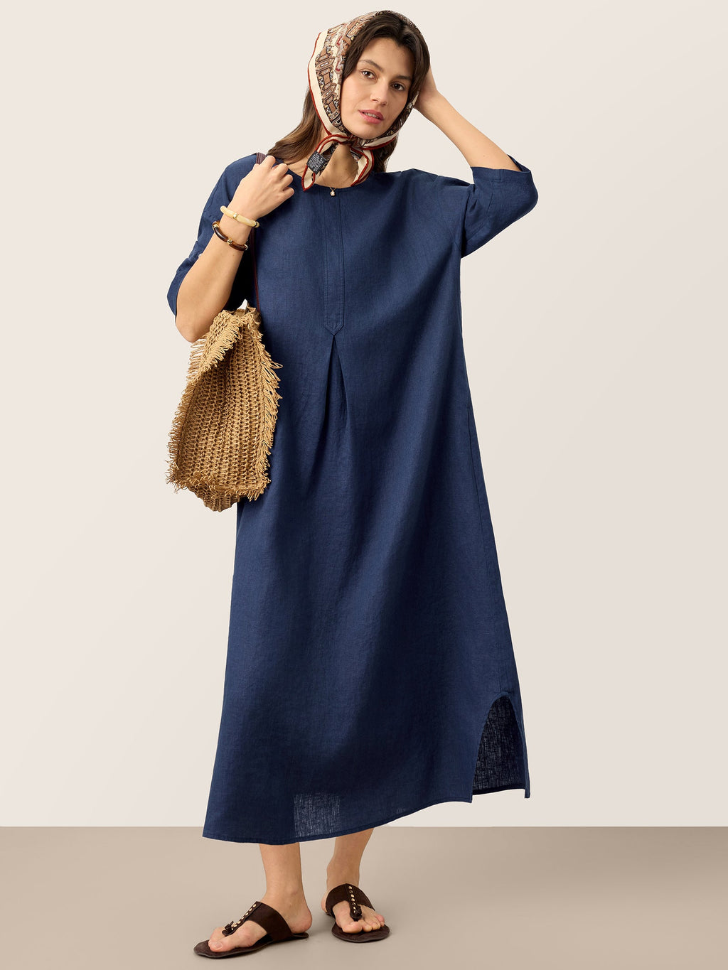 100% Linen Roll-Up Sleeve Inverted Pleat Midi Dress MARIBEL