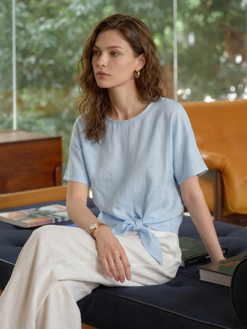 100% Linen Tie Front Drop Shoulder Top PAULA