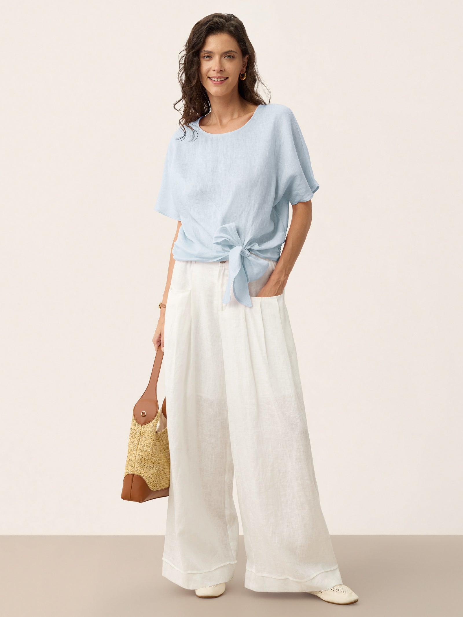 100% Linen Tie Front Drop Shoulder Top PAULA