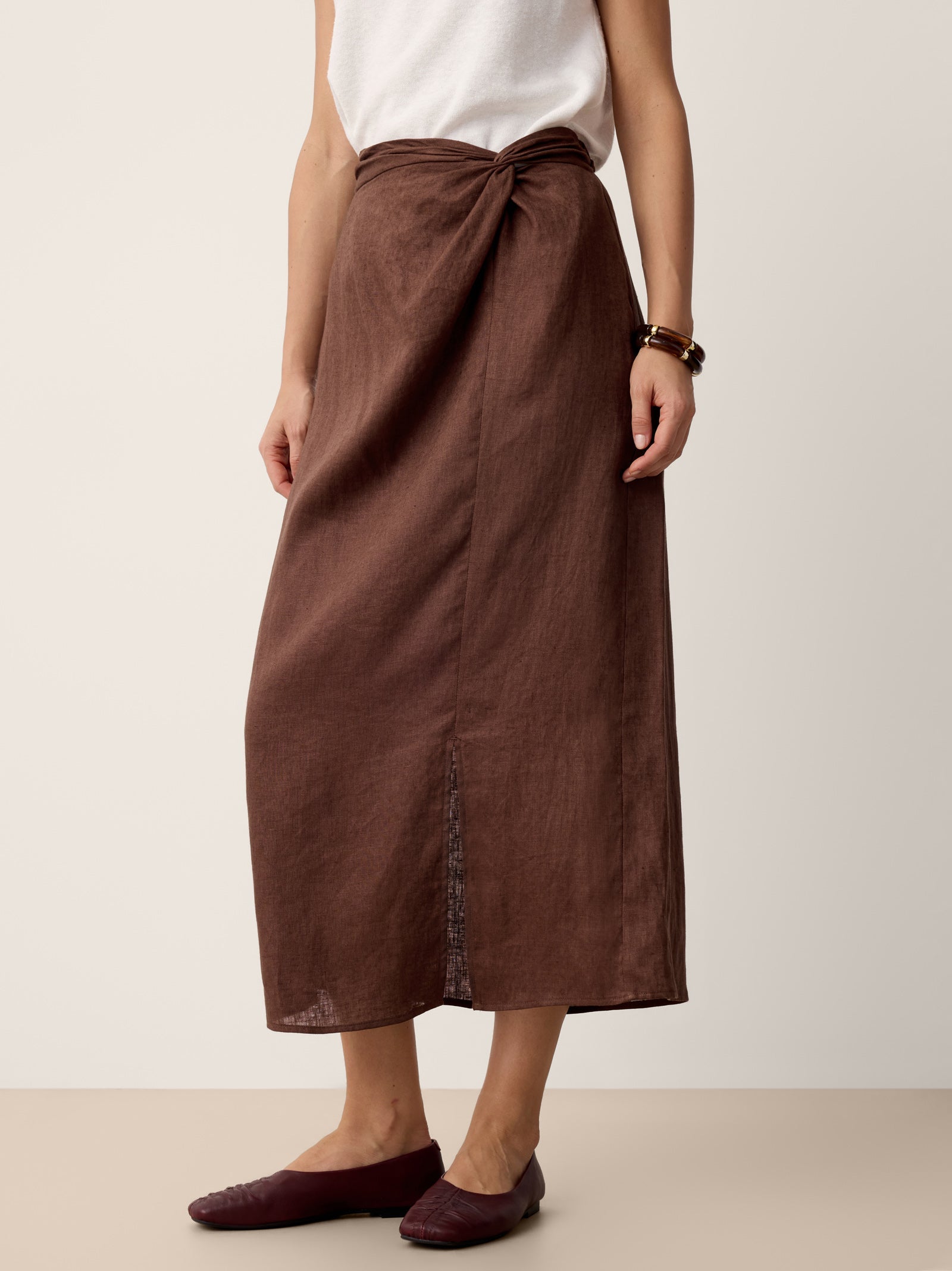 100% Linen Twist-Waist Slit Skirt LIVANA
