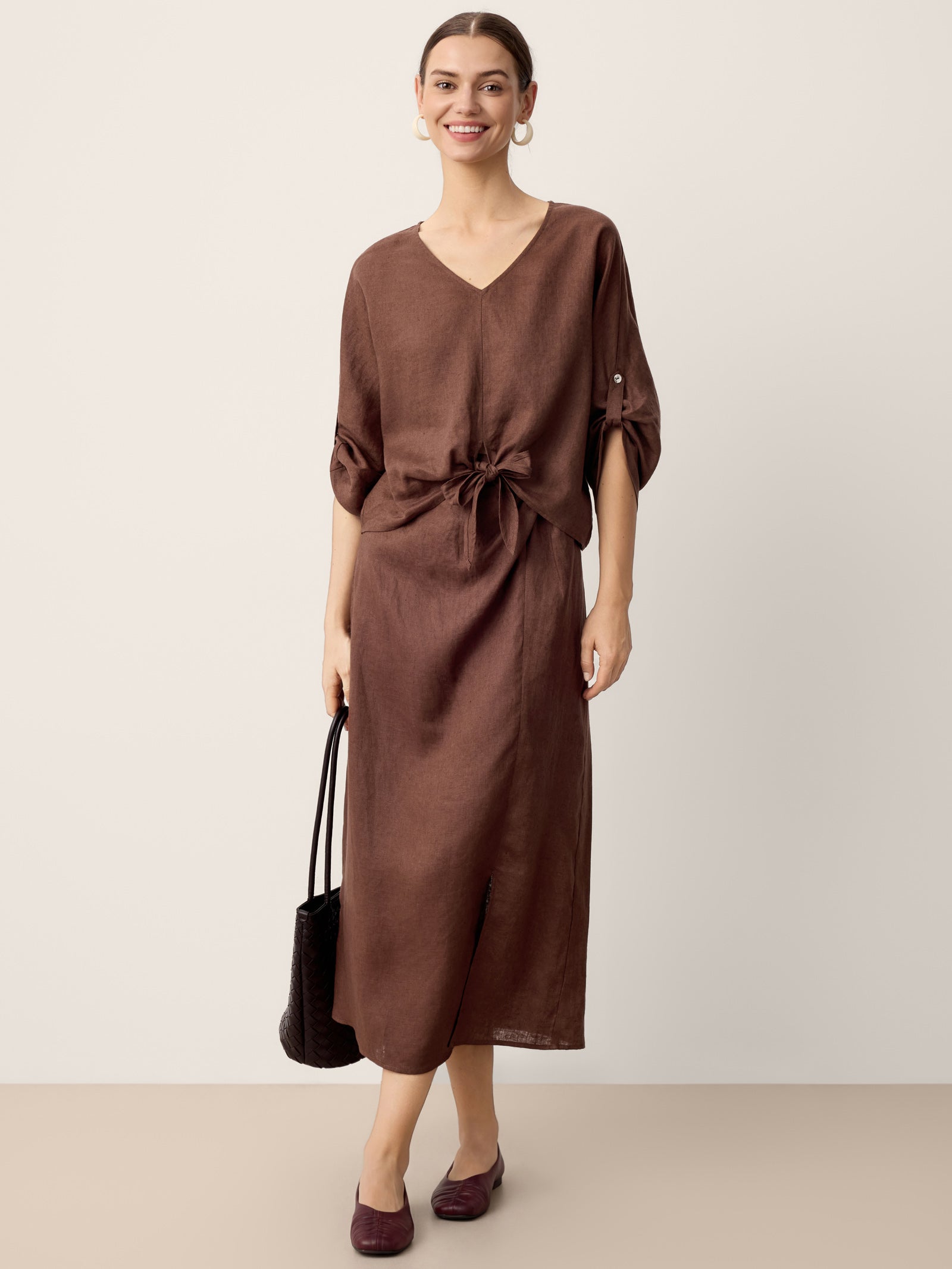 100% Linen Twist-Waist Slit Skirt LIVANA