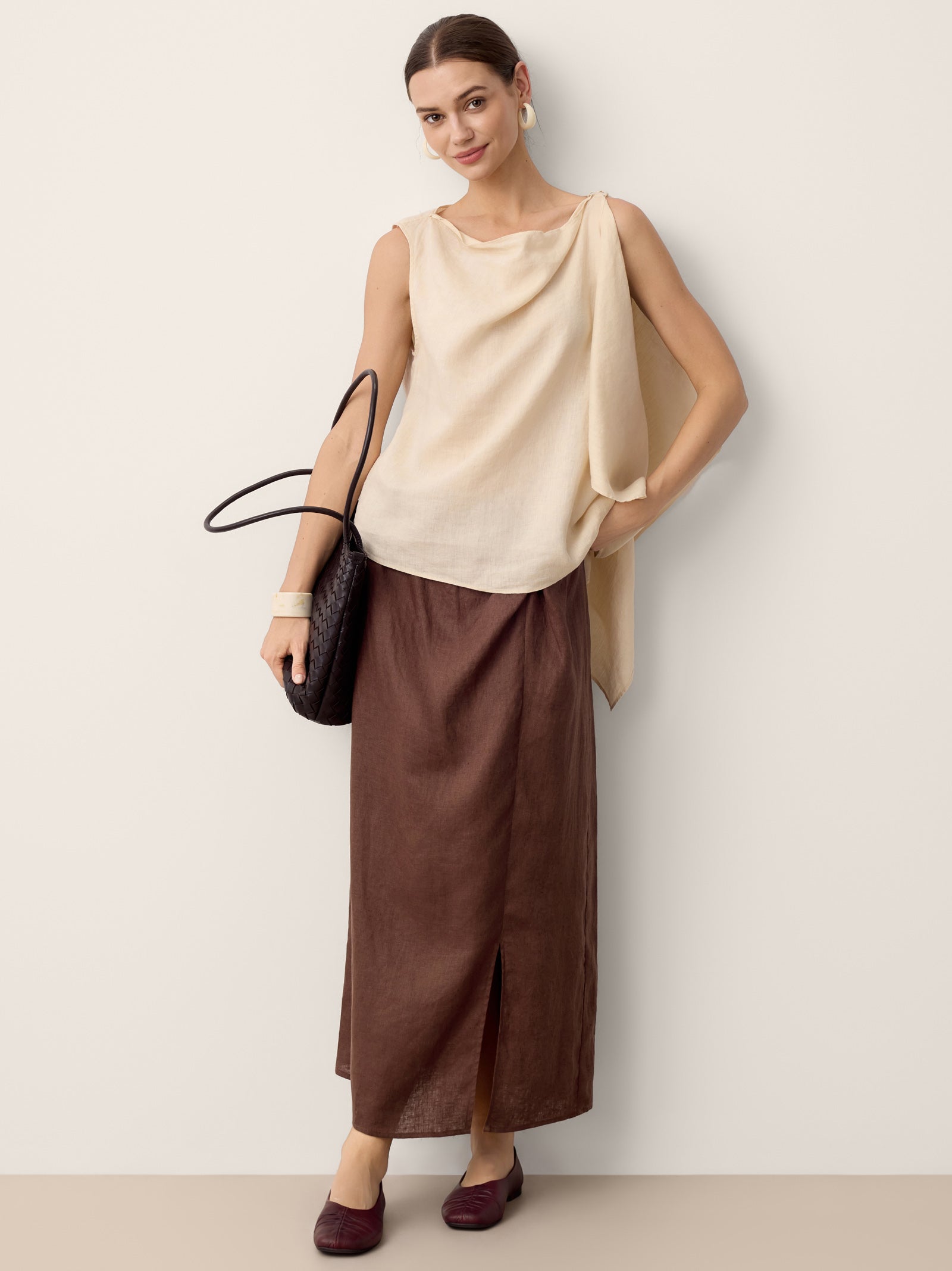100% Linen Twist-Waist Slit Skirt LIVANA