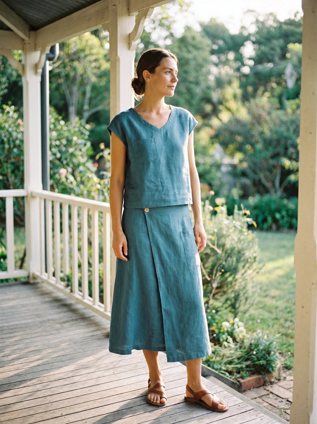 100% Linen V-Neck Cap Sleeve Crop Top FRESSA