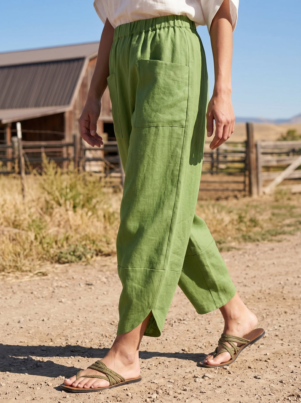 100% Linen Petal-Hem Trousers with Elastic Waist LIV