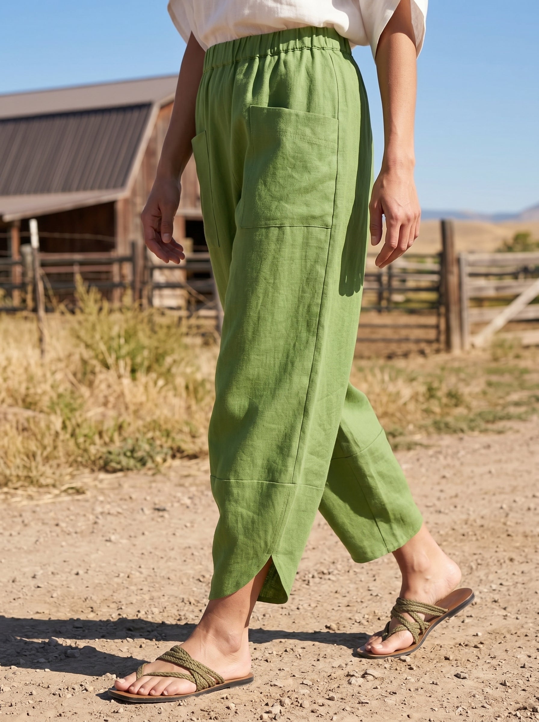 100% Linen Petal-Hem Trousers with Elastic Waist LIV