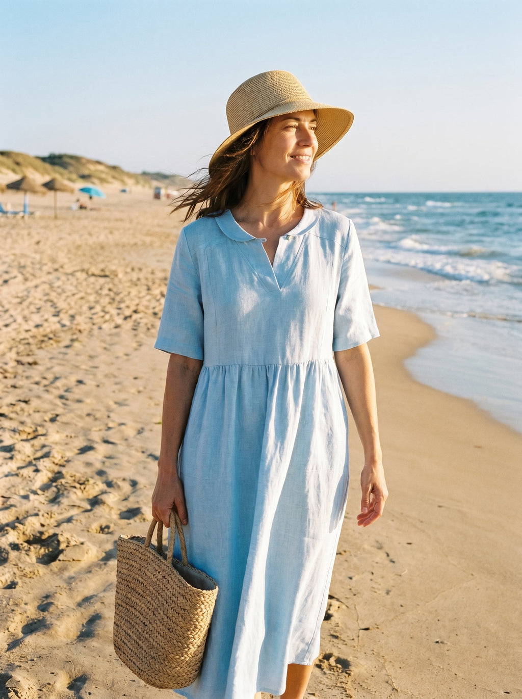 100% Linen Shawl V-Neck Pleated Midi Dress SUSAN