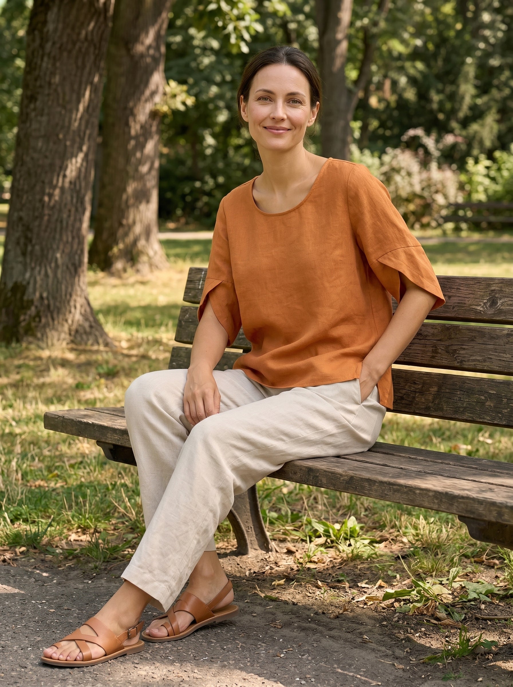 100% Linen Round Neck Petal-Sleeve Pullover LAUREL