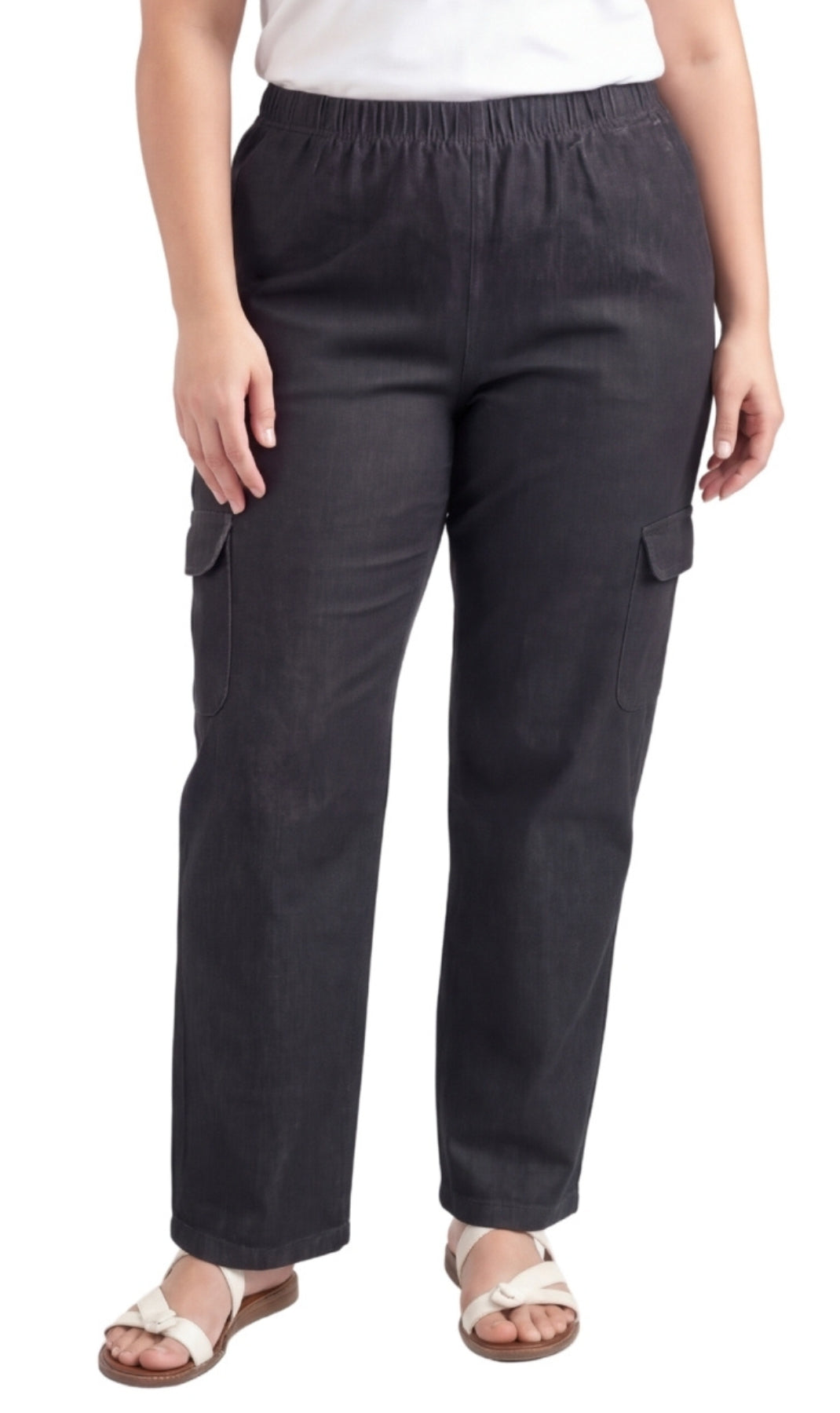 Women's Pull-On Denim Cargo Pants — Elastic Stretch Waist