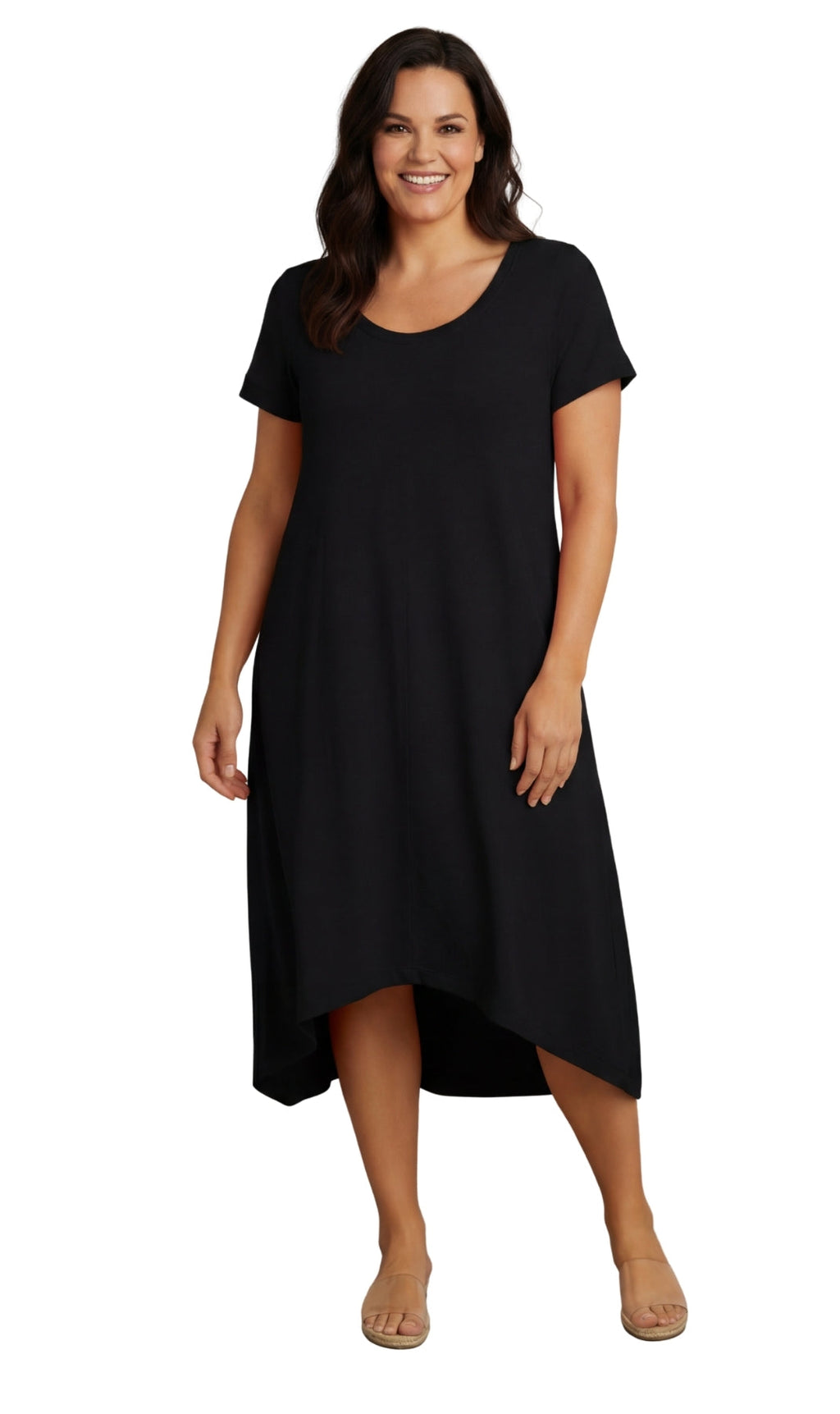 Women's Short Sleeve A-Line Knit Dress — Scoop Neck Asymmetrical Hem