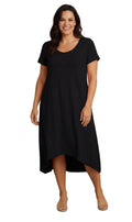 Women's Short Sleeve A-Line Knit Dress — Scoop Neck Asymmetrical Hem
