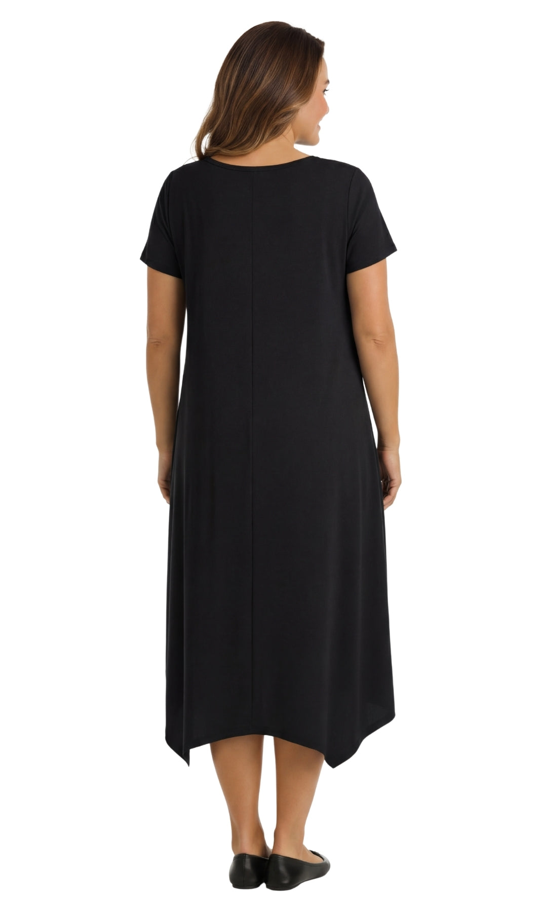 Women's Short Sleeve A-Line Knit Dress — Scoop Neck Asymmetrical Hem