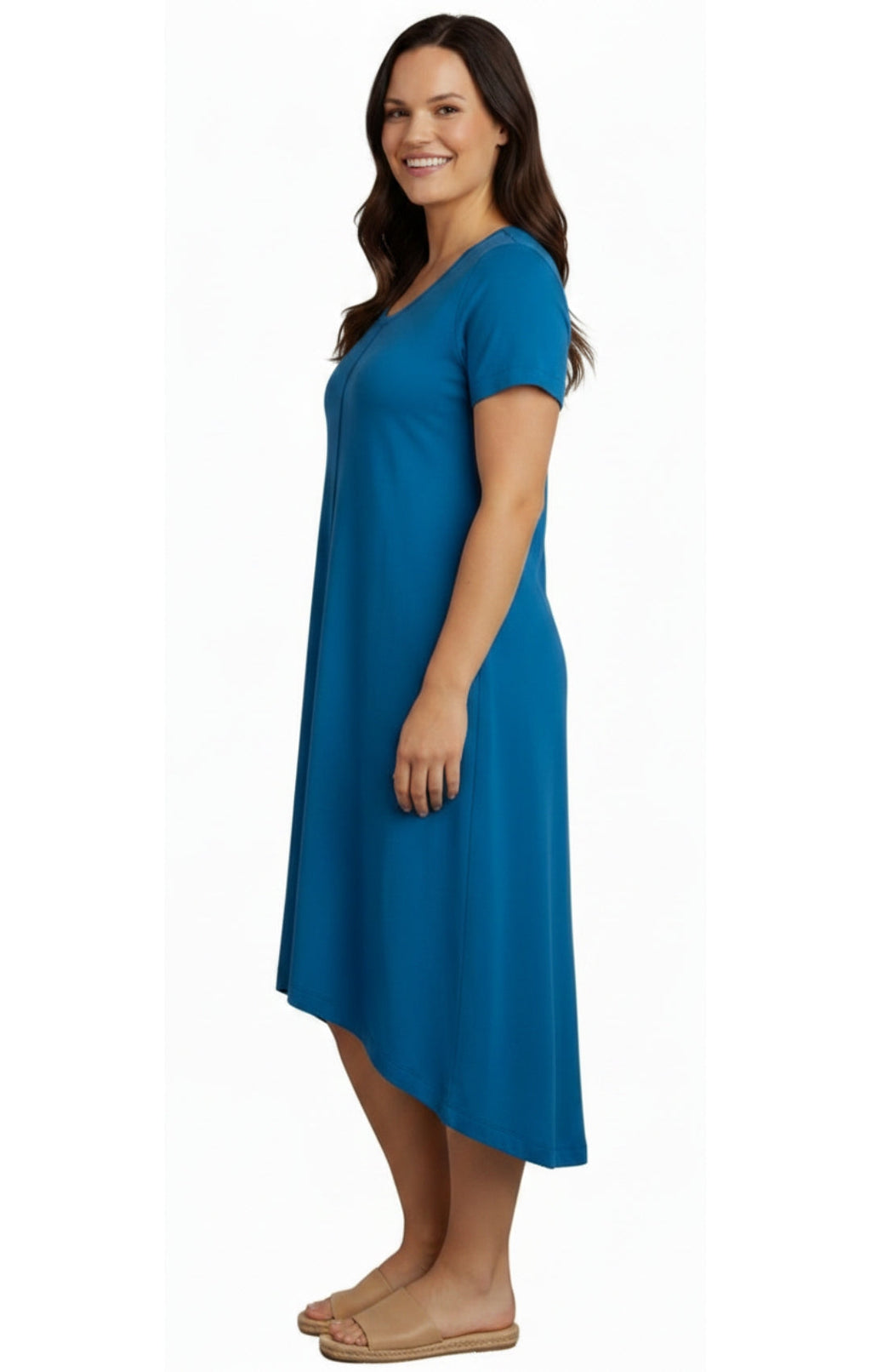 Women's Short Sleeve A-Line Knit Dress — Scoop Neck Asymmetrical Hem