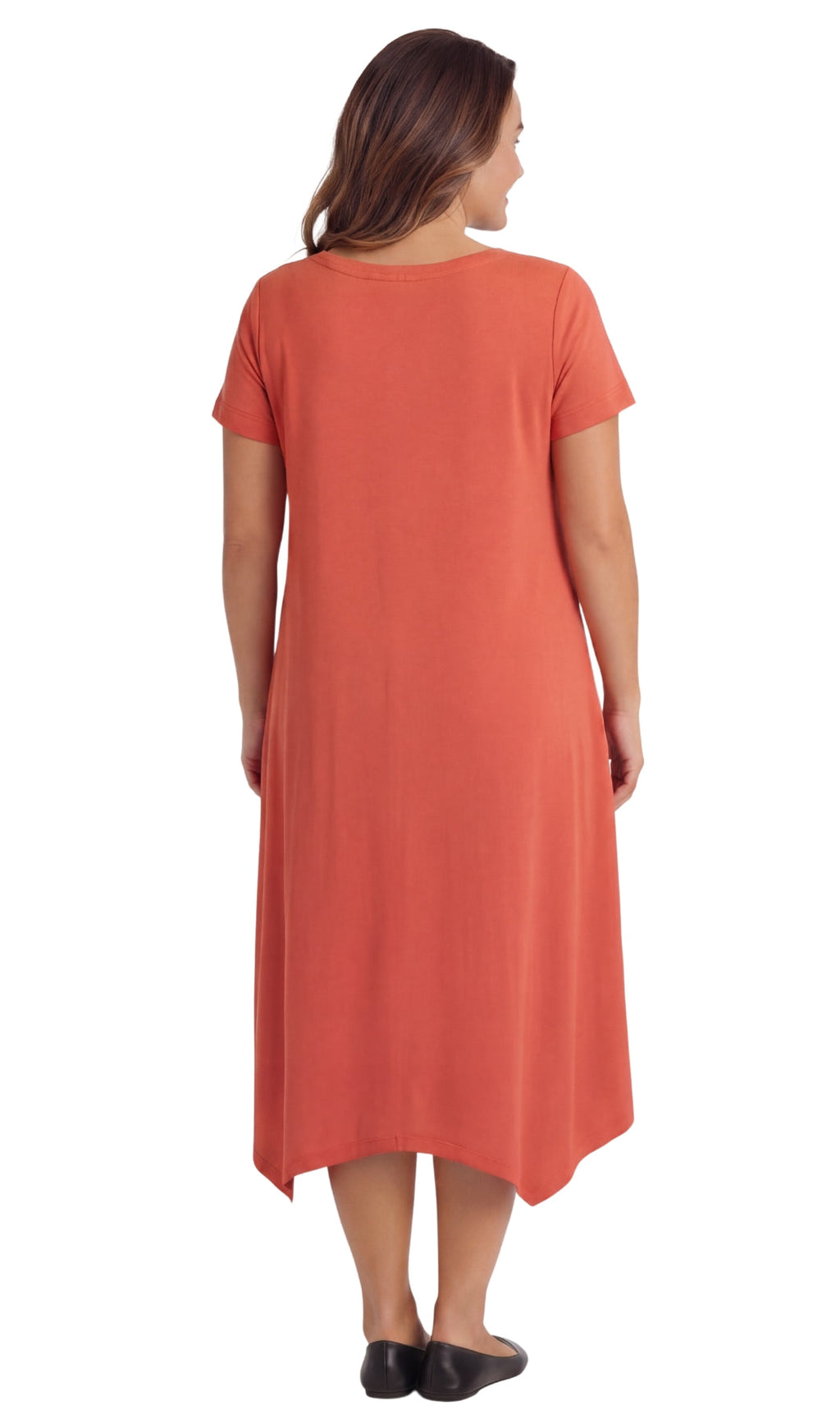 Women's Short Sleeve A-Line Knit Dress — Scoop Neck Asymmetrical Hem