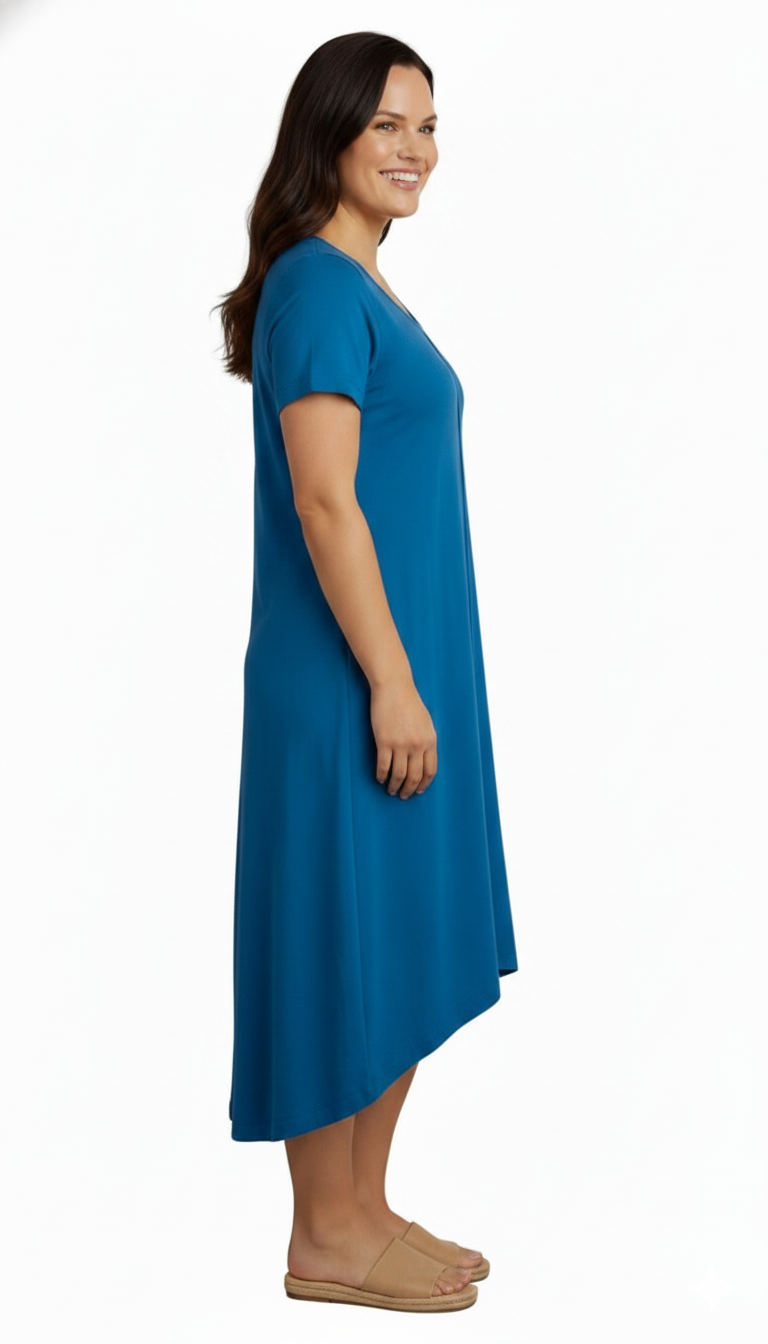 Women's Short Sleeve A-Line Knit Dress — Scoop Neck Asymmetrical Hem