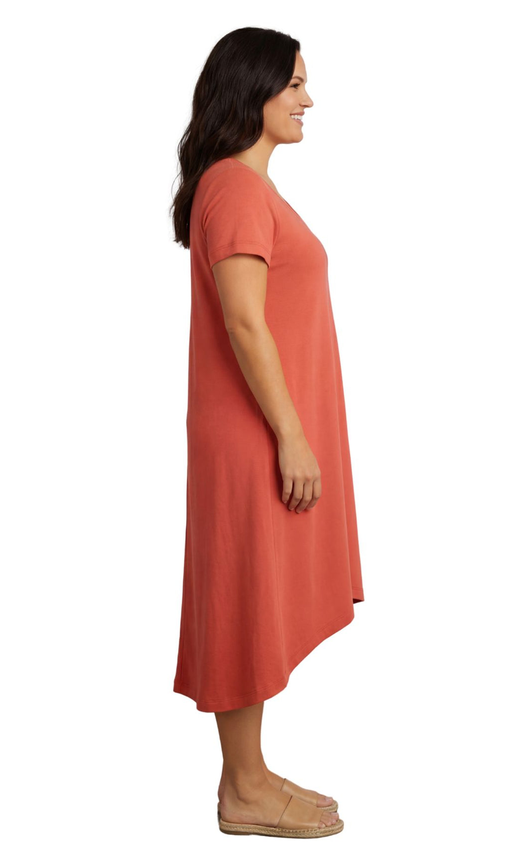 Women's Short Sleeve A-Line Knit Dress — Scoop Neck Asymmetrical Hem