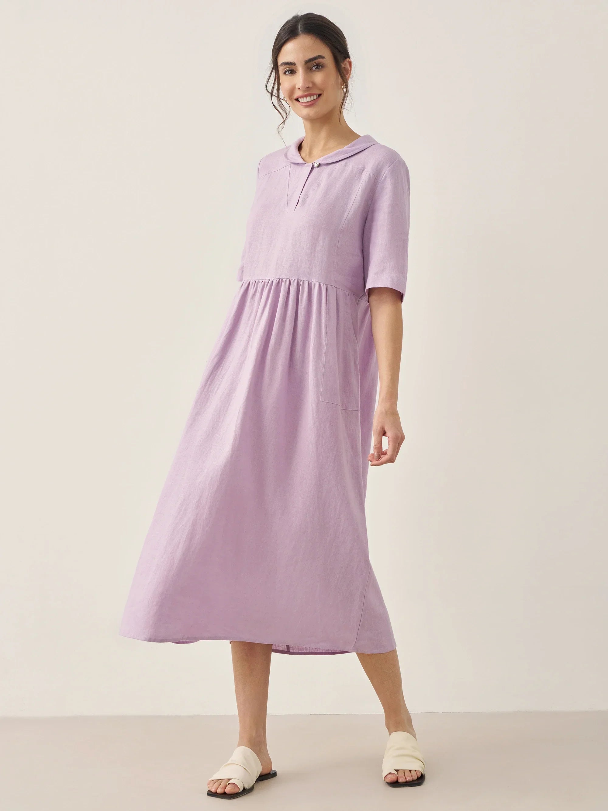 100% Linen Shawl V-Neck Pleated Midi Dress SUSAN