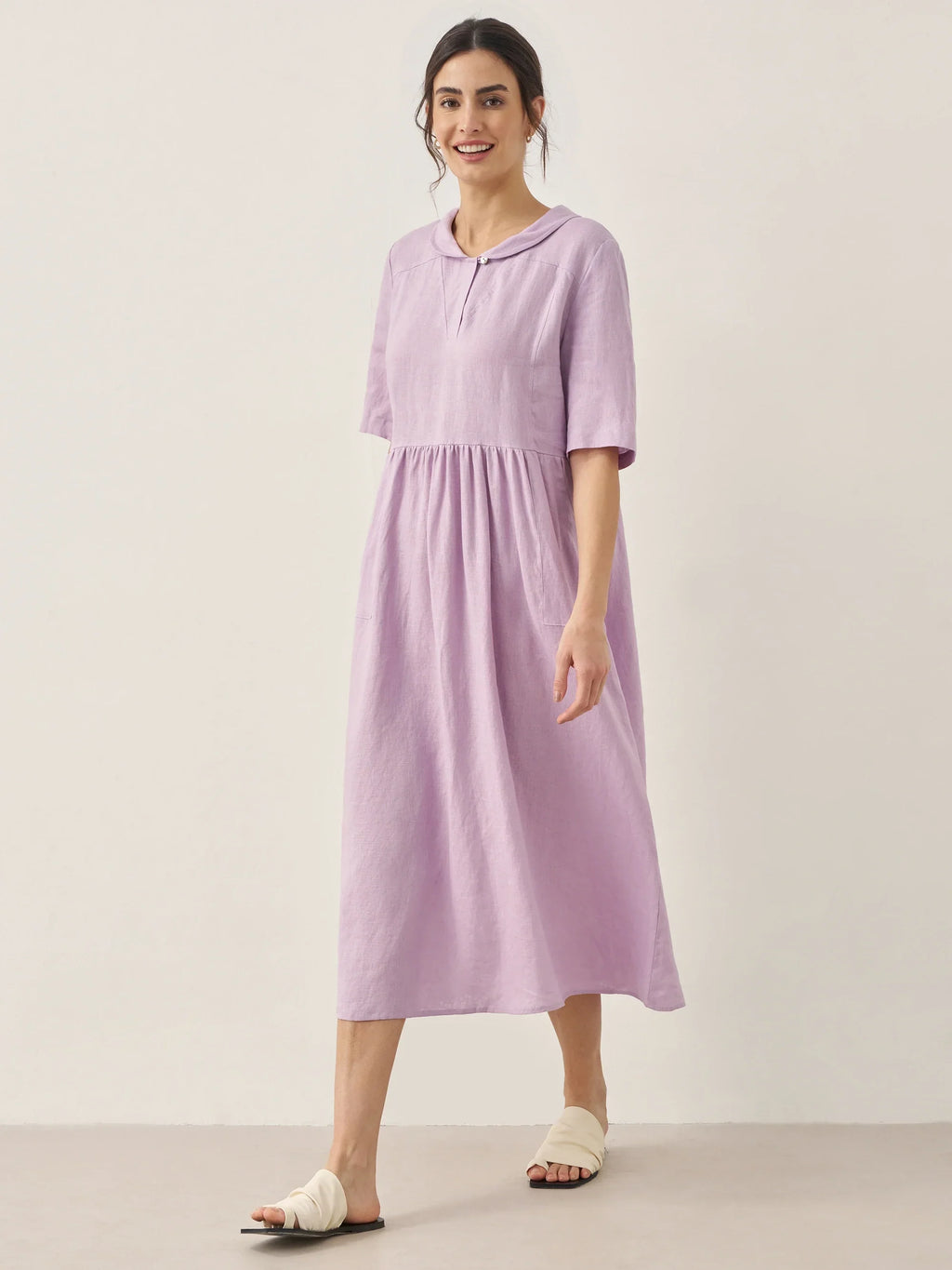 100% Linen Shawl V-Neck Pleated Midi Dress SUSAN