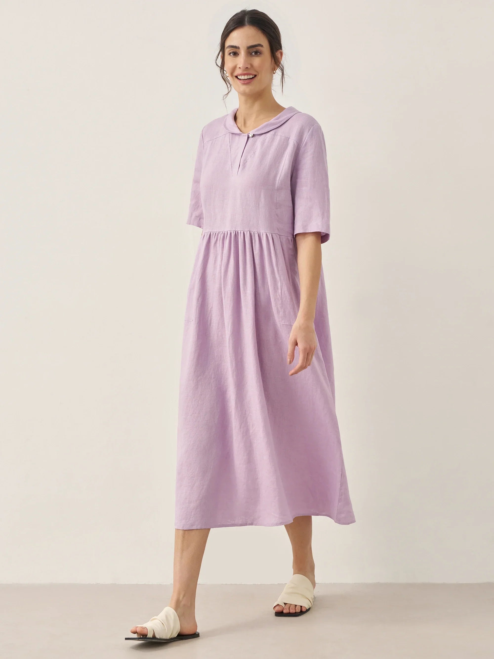 100% Linen Shawl V-Neck Pleated Midi Dress SUSAN