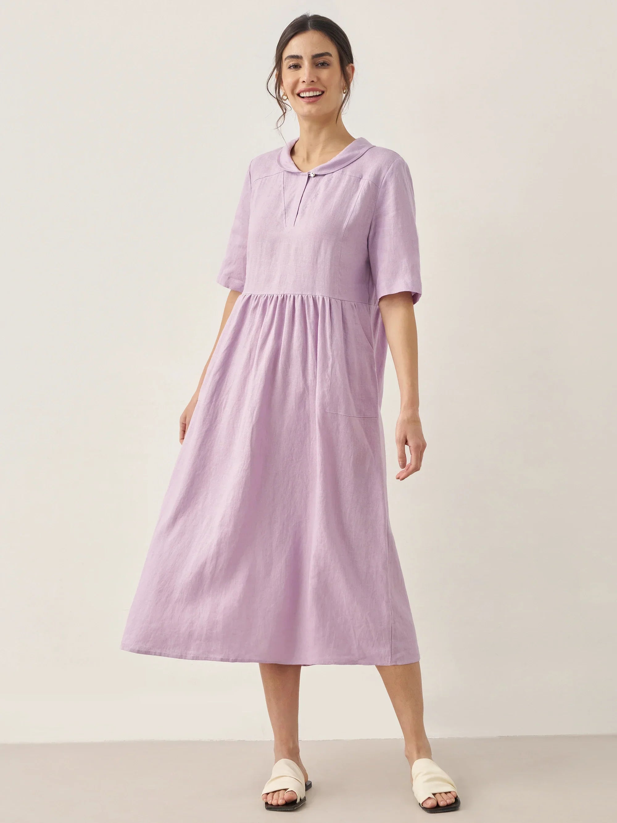 100% Linen Shawl V-Neck Pleated Midi Dress SUSAN