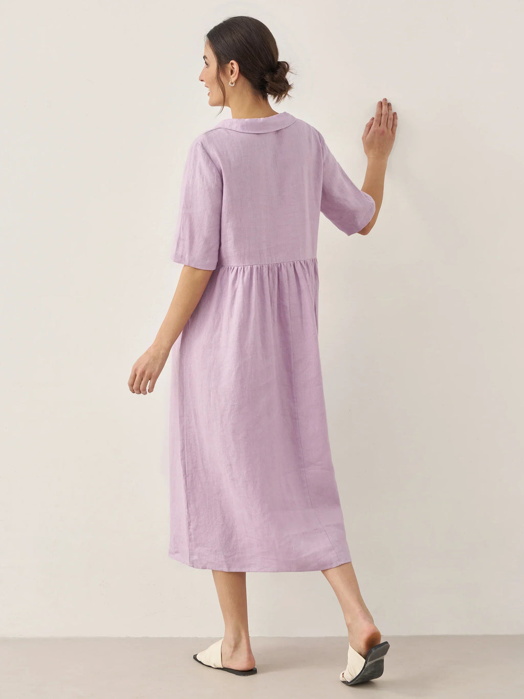 100% Linen Shawl V-Neck Pleated Midi Dress SUSAN