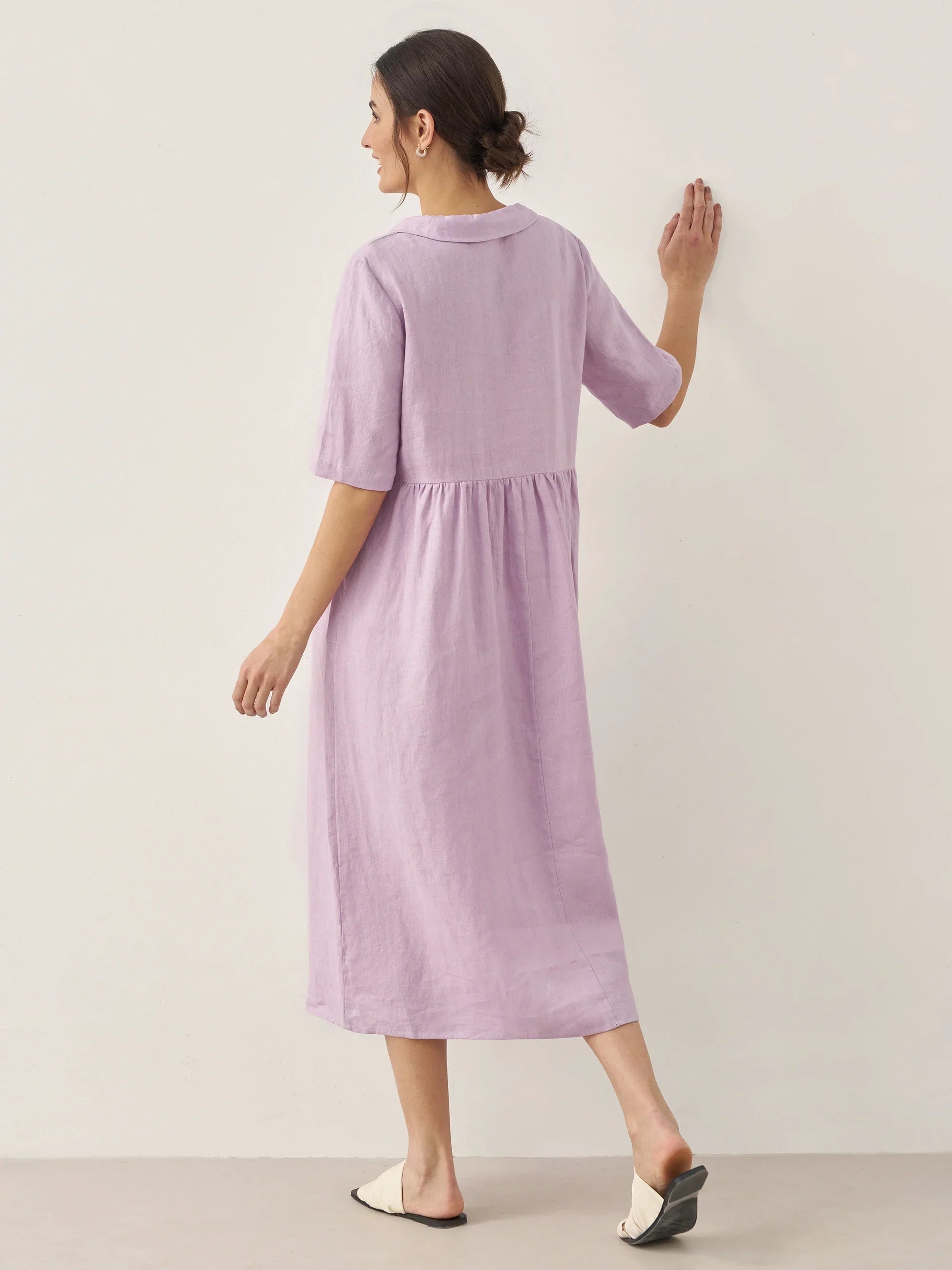 100% Linen Shawl V-Neck Pleated Midi Dress SUSAN