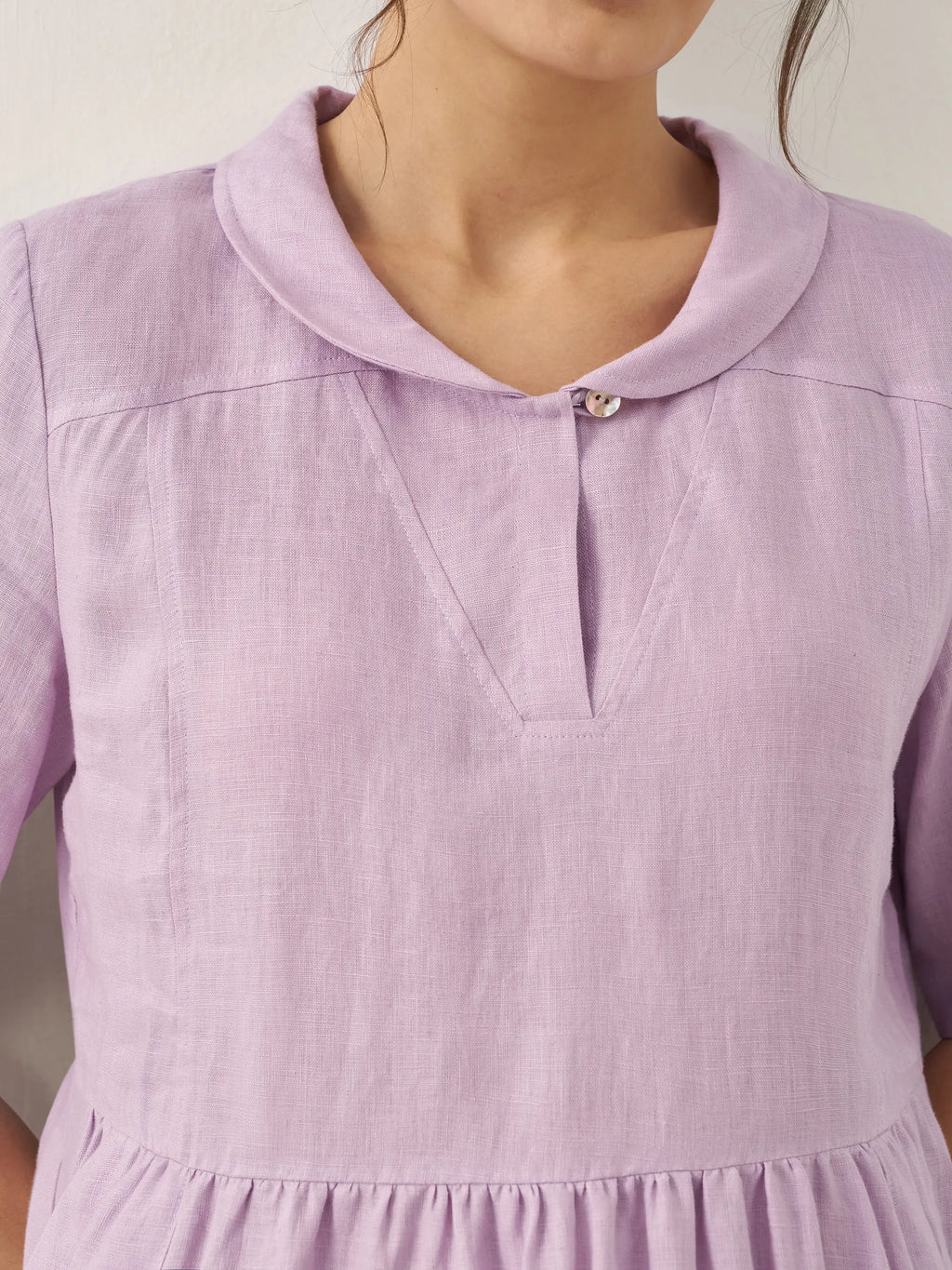 100% Linen Shawl V-Neck Pleated Midi Dress SUSAN