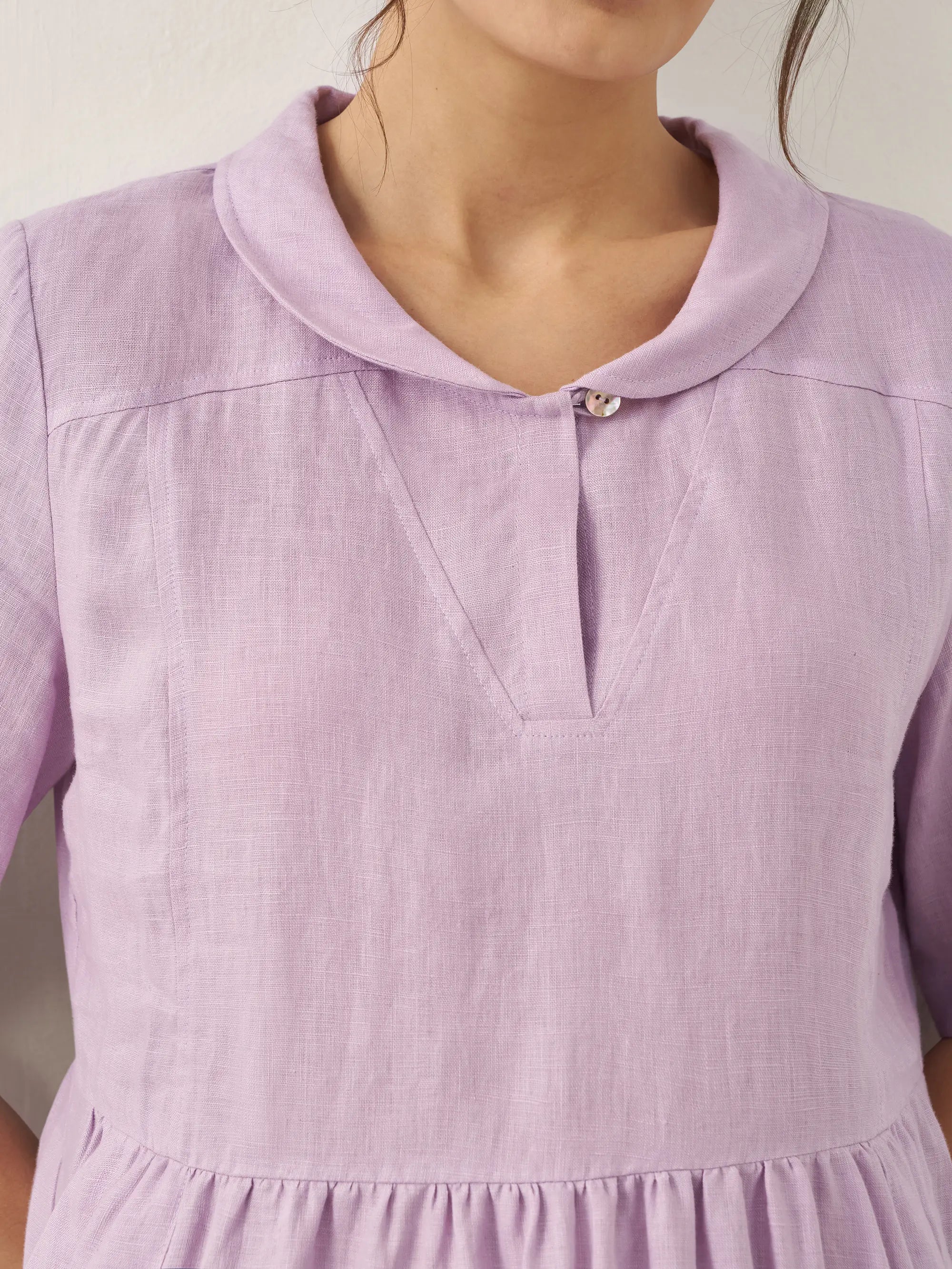 100% Linen Shawl V-Neck Pleated Midi Dress SUSAN