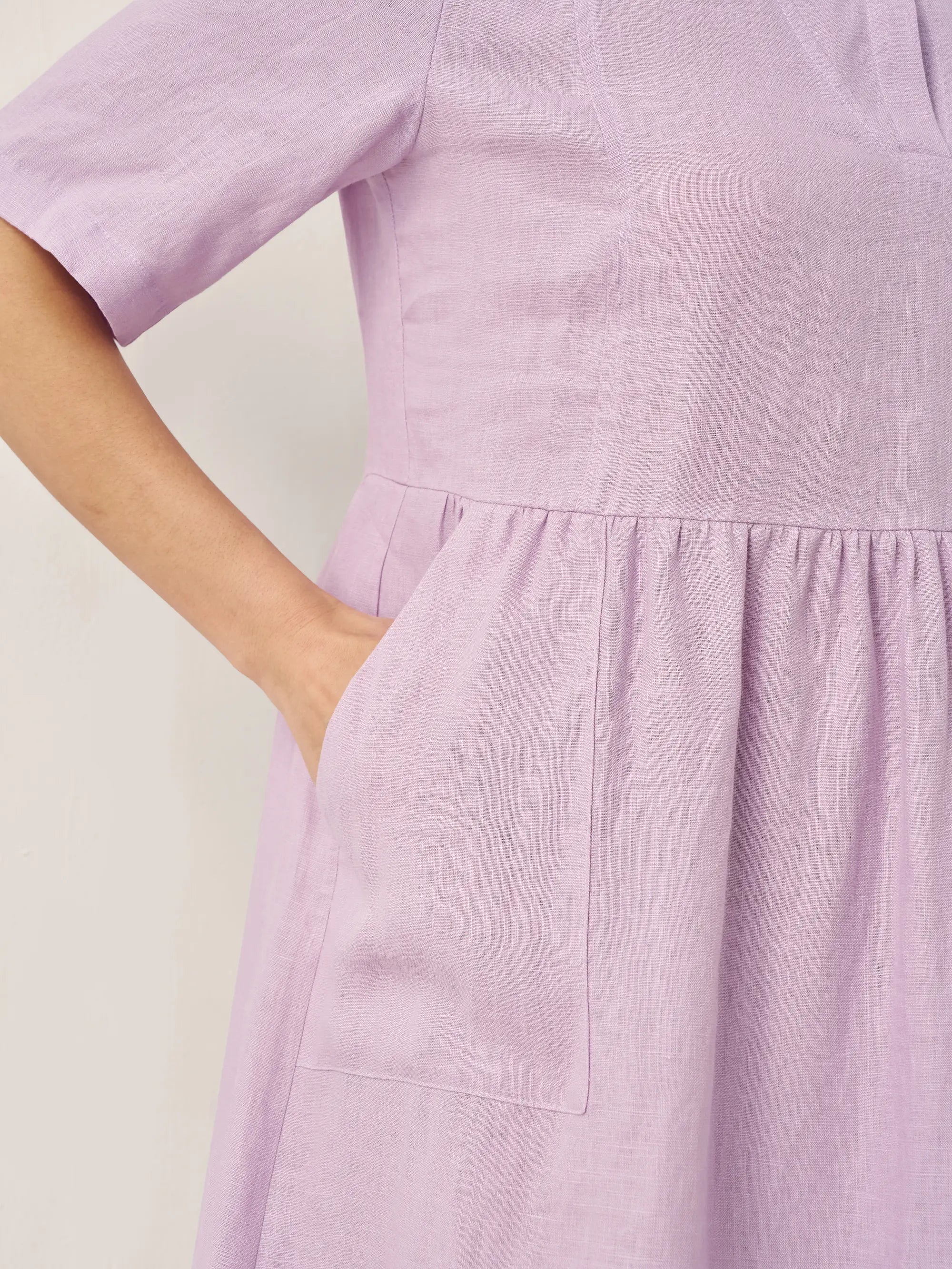 100% Linen Shawl V-Neck Pleated Midi Dress SUSAN