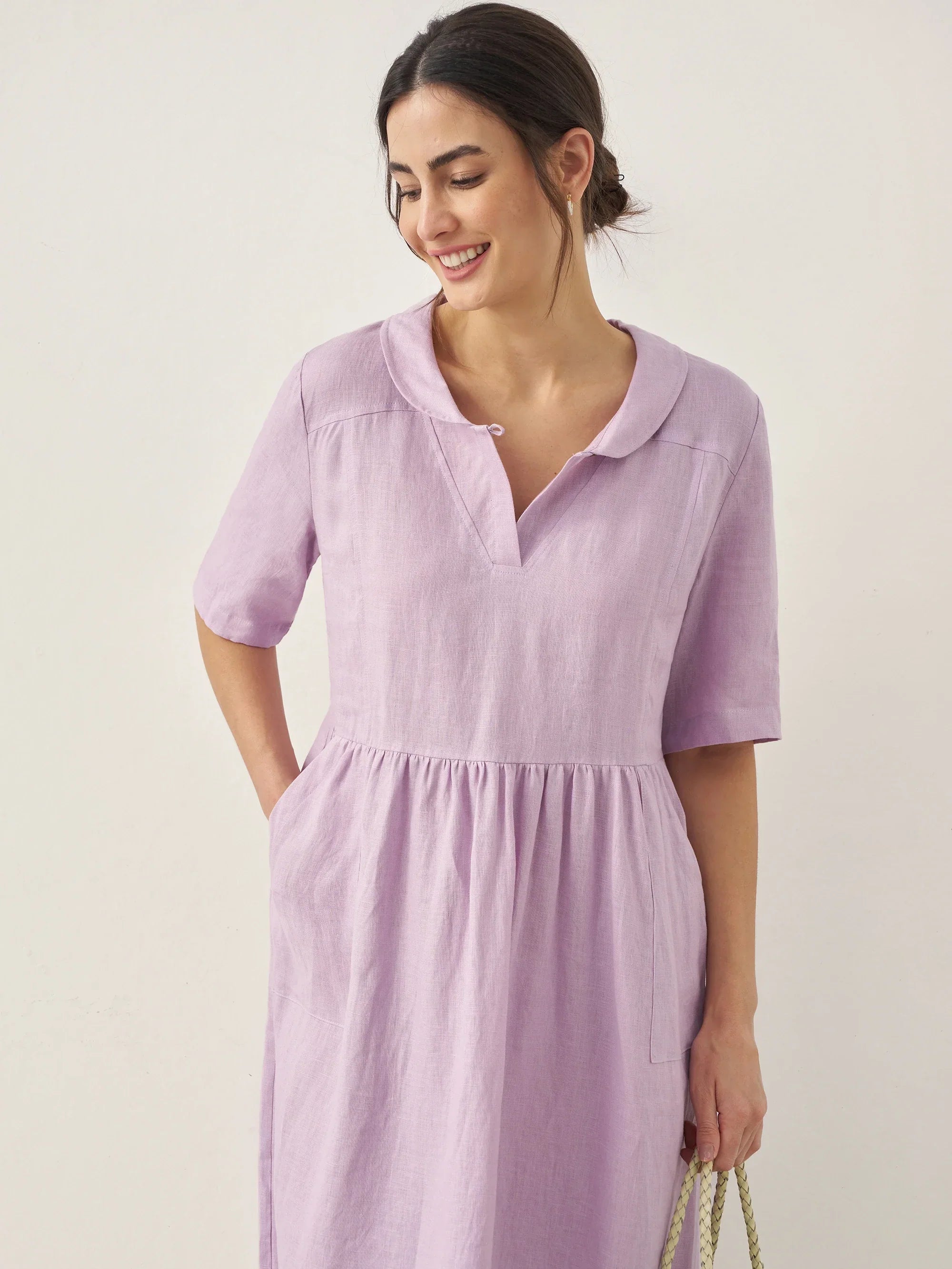 100% Linen Shawl V-Neck Pleated Midi Dress SUSAN