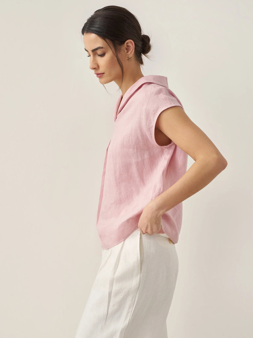 100% Linen Shawl V-Neck Cap Sleeves Top ELARA