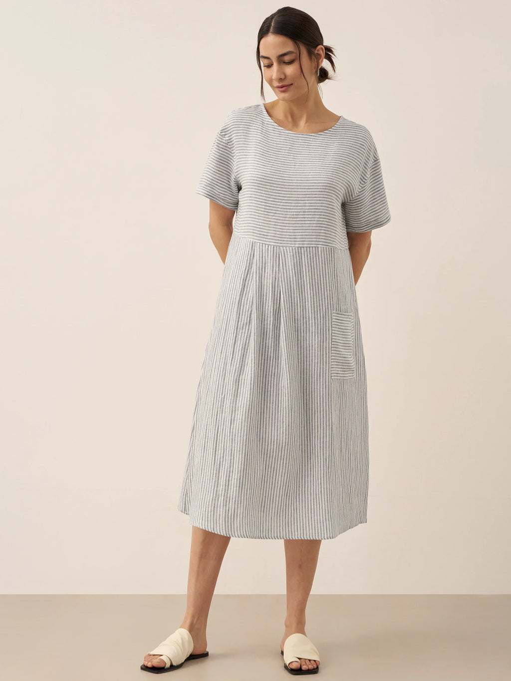 100% Linen Pinstripe Paneled Short-Sleeved Dress MORGAN