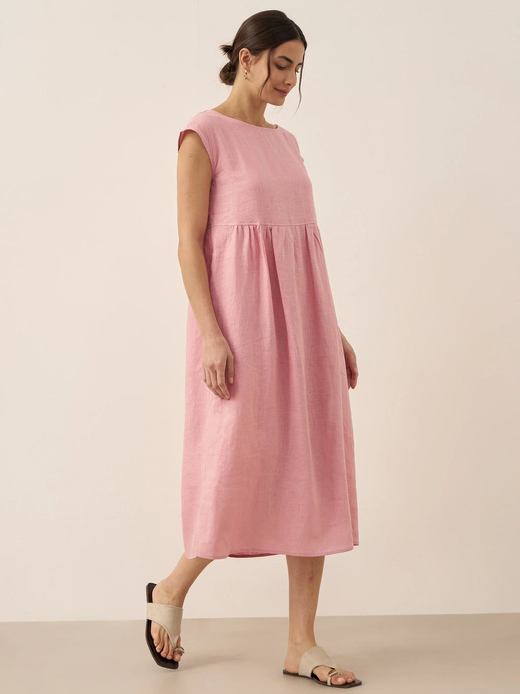 100% Linen Cap Sleeve Washed Midi Dress JOAN