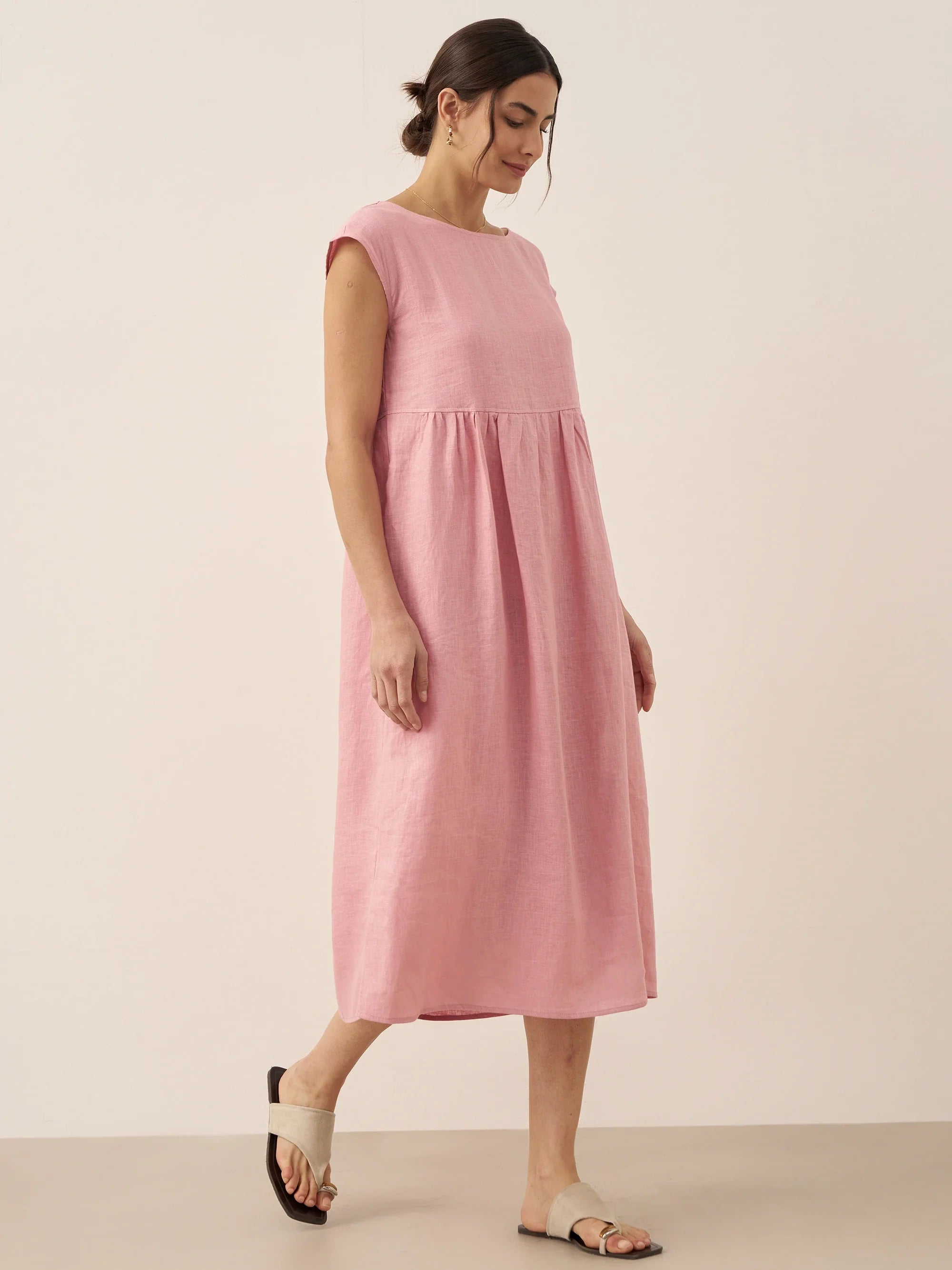 100% Linen Cap Sleeve Washed Midi Dress JOAN